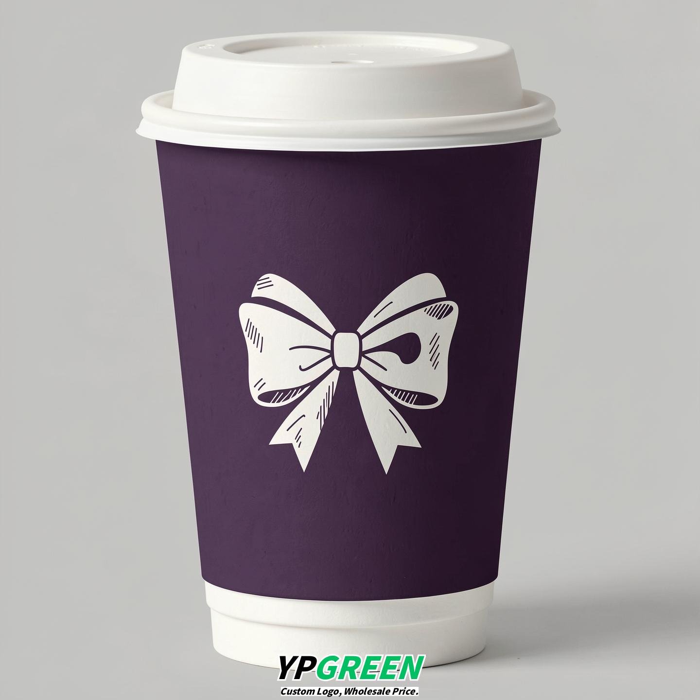 Dark Violet Paper Cups with Bow Logo & Lids 8-24oz