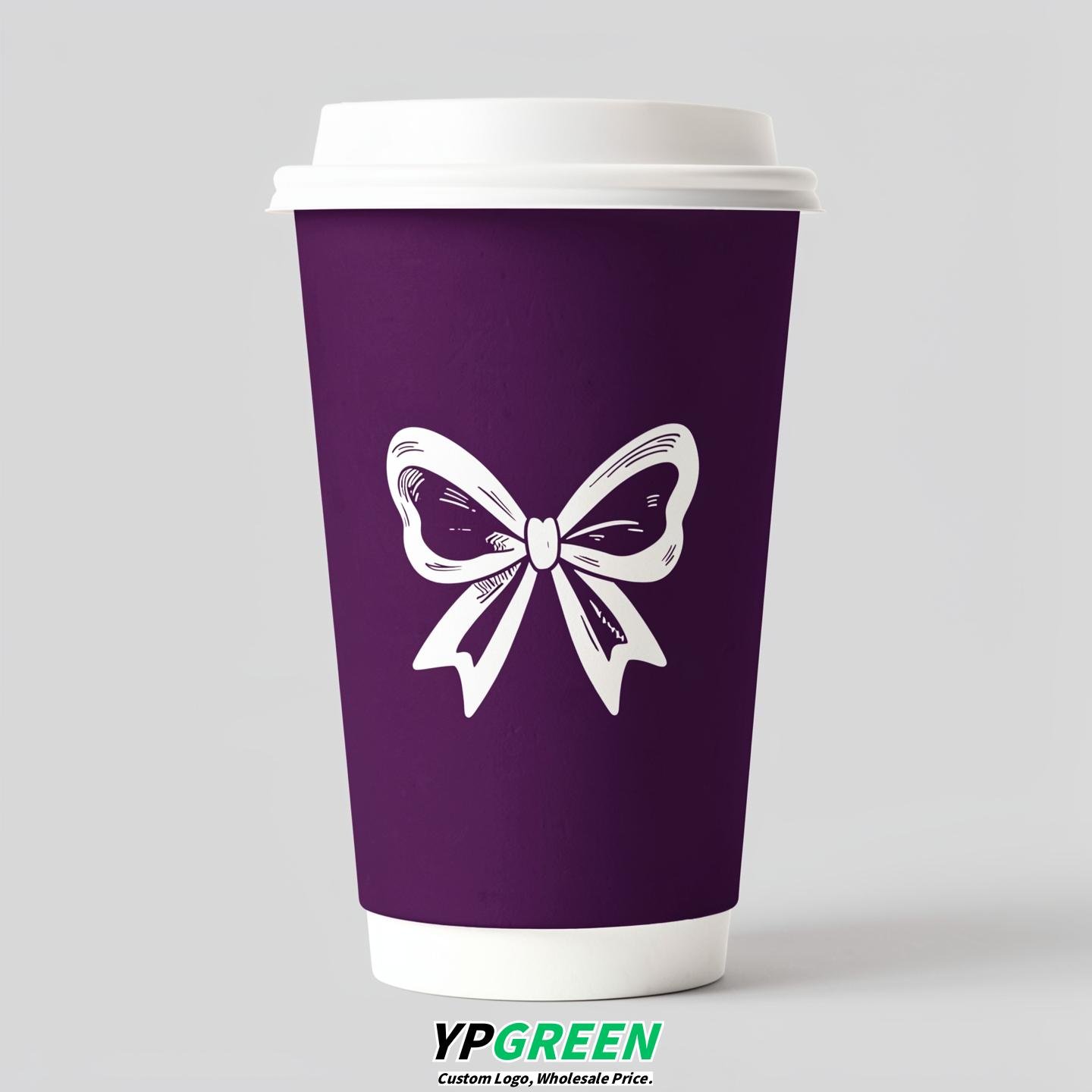 Dark Violet Paper Cups with Bow Logo & Lids 8-24oz