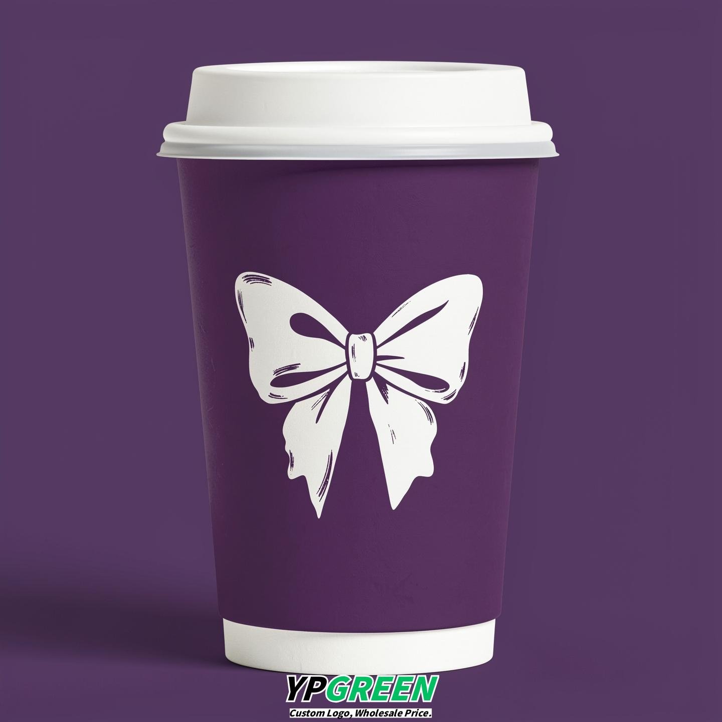 Dark Violet Paper Cups with Bow Logo & Lids 8-24oz