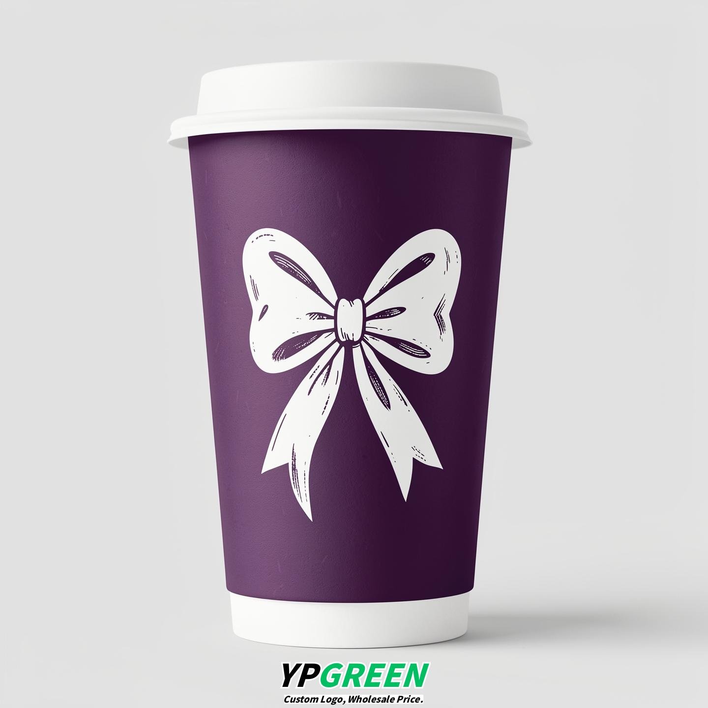 Dark Violet Paper Cups with Bow Logo & Lids 8-24oz