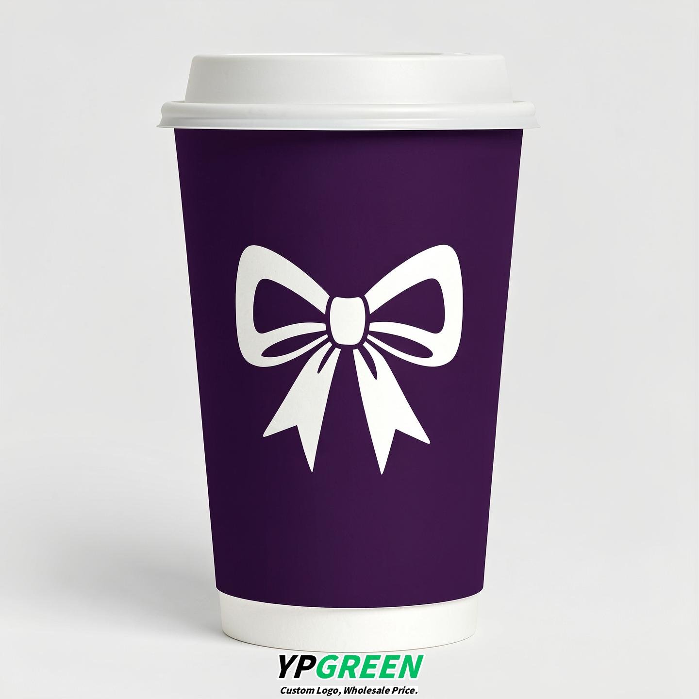 Dark Violet Paper Cups with Bow Logo & Lids 8-24oz