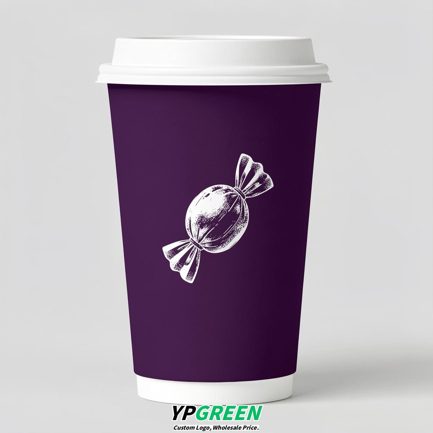 Dark Violet Paper Cups with Candy Logo & Lids 8-24oz