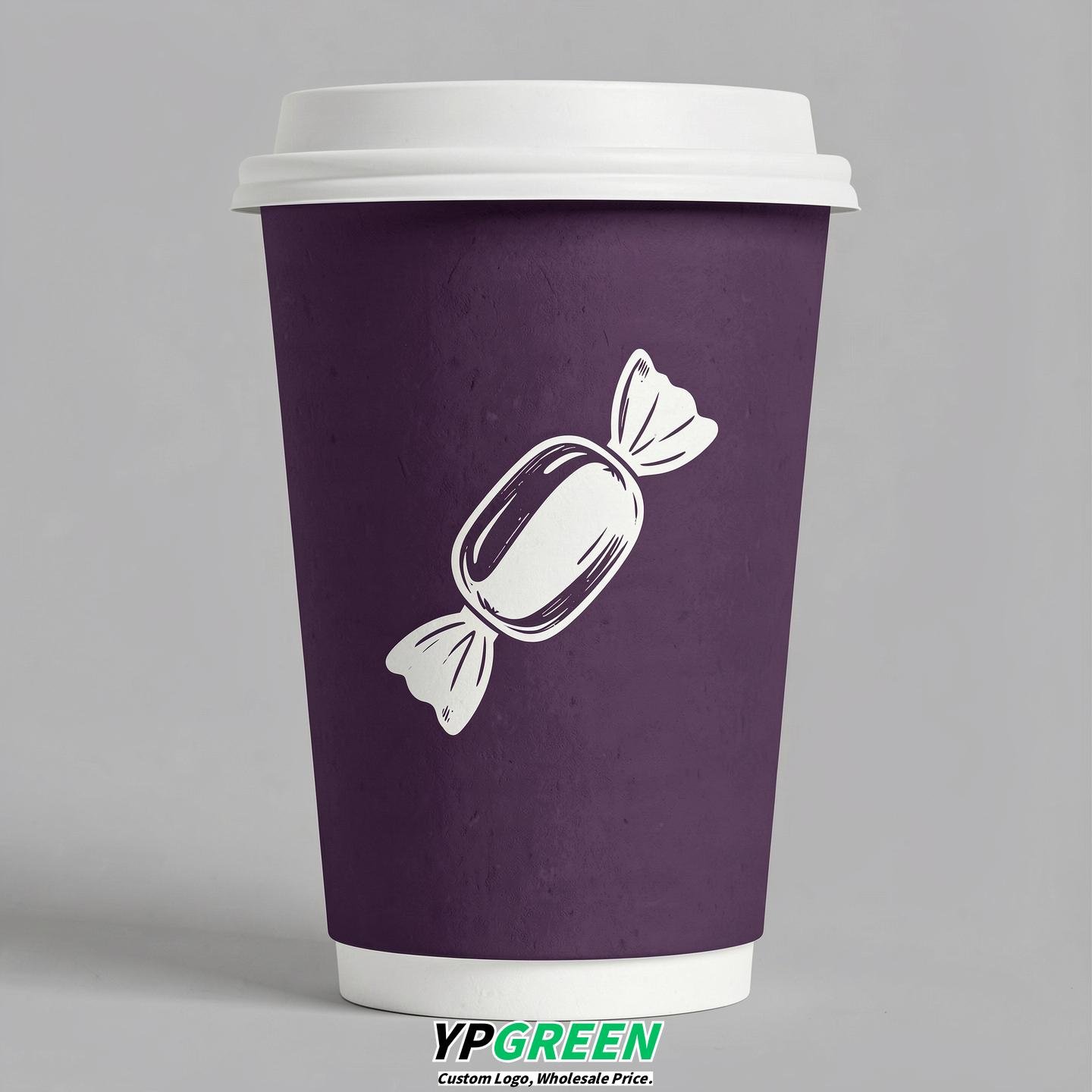 Dark Violet Paper Cups with Candy Logo & Lids 8-24oz