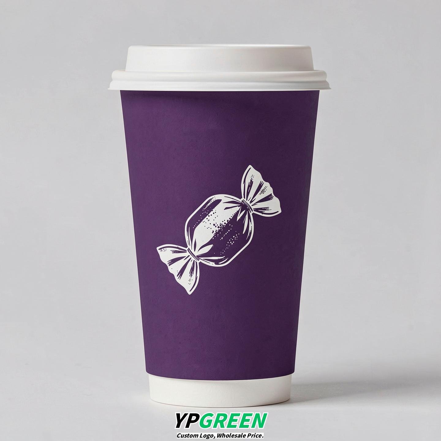 Dark Violet Paper Cups with Candy Logo & Lids 8-24oz