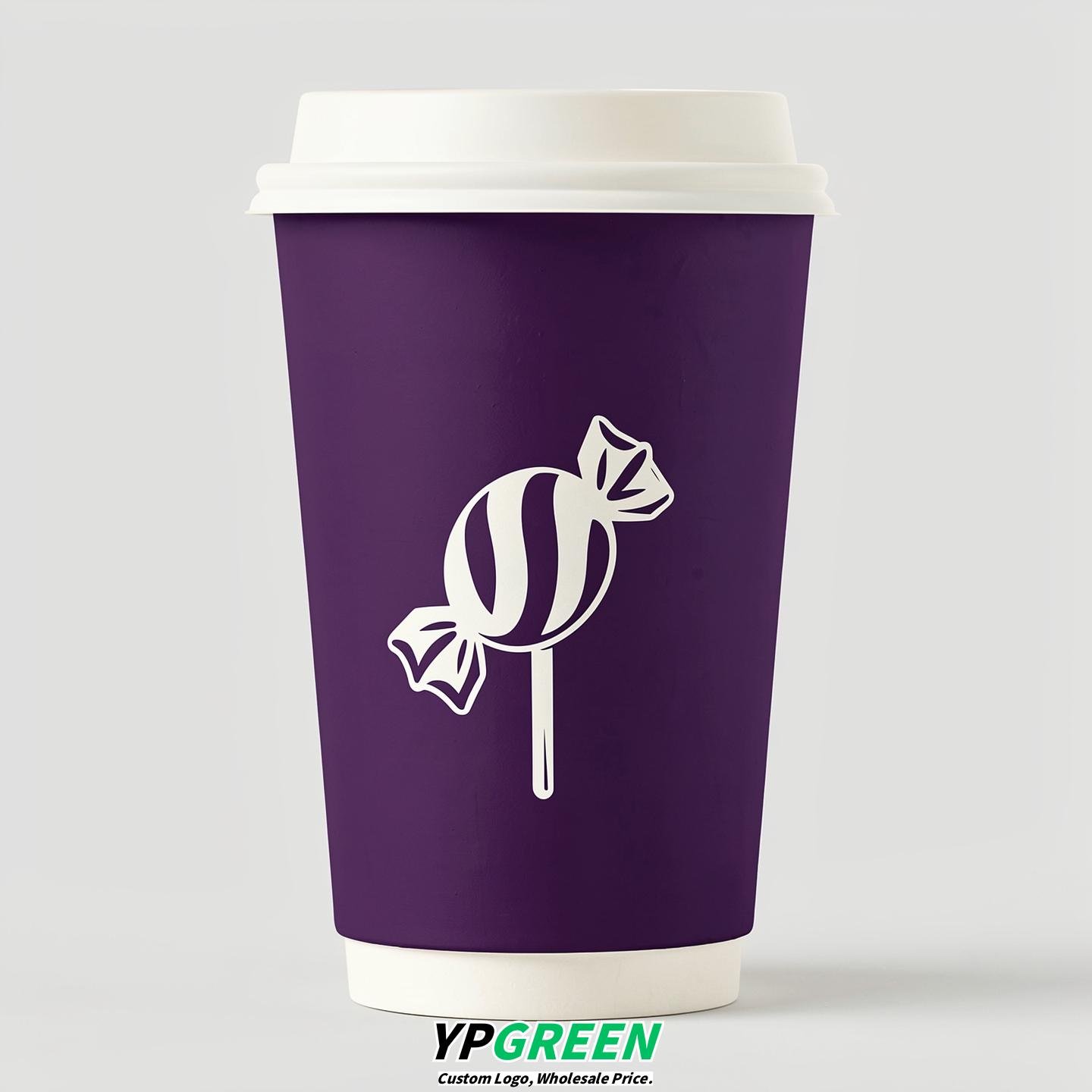Dark Violet Paper Cups with Candy Logo & Lids 8-24oz Dark Violet Paper Cups with Candy Logo & Lids 8-24oz