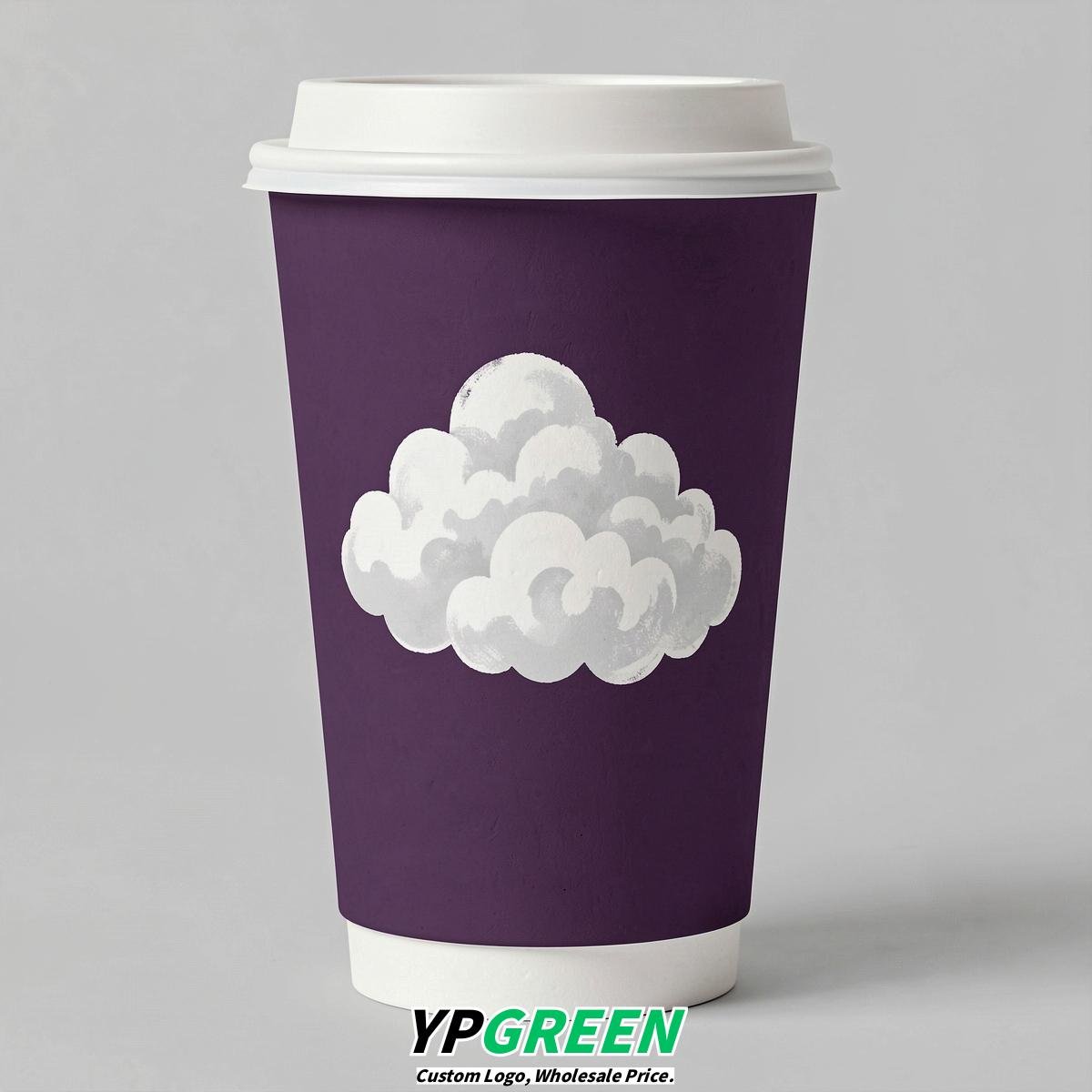 Dark Violet Paper Cups with Clouds Logo & Lids 8-24oz