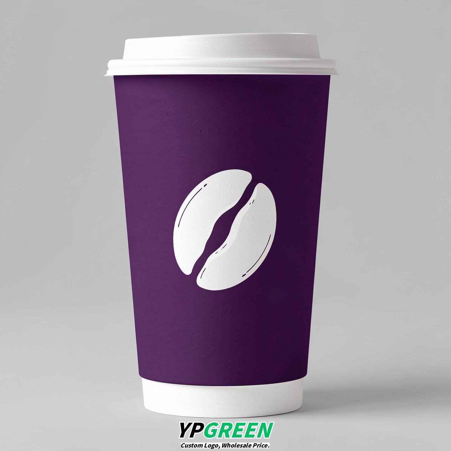 Dark Violet Paper Cups with Coffee Bean Logo & Lids 8-24oz