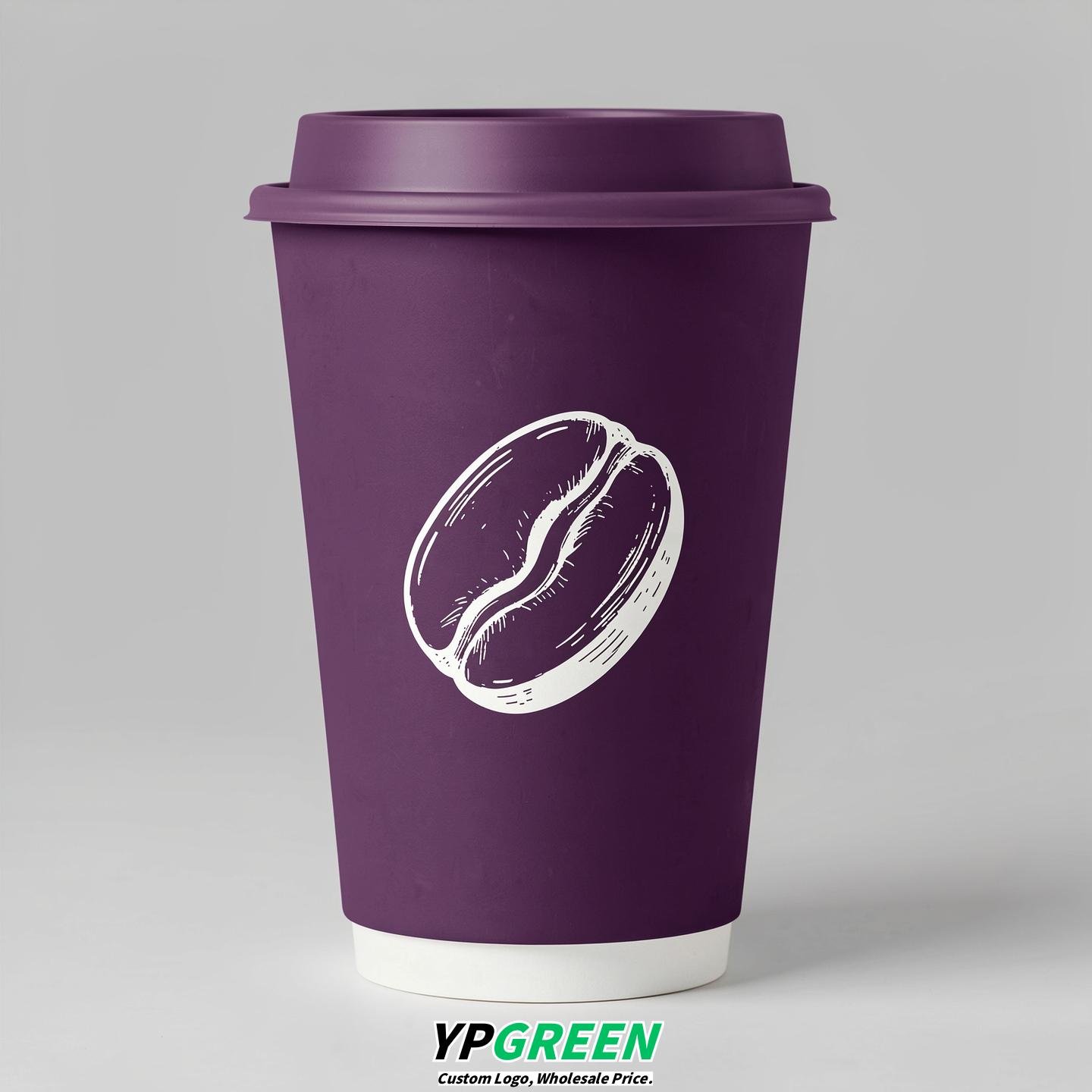 Dark Violet Paper Cups with Coffee Bean Logo & Lids 8-24oz