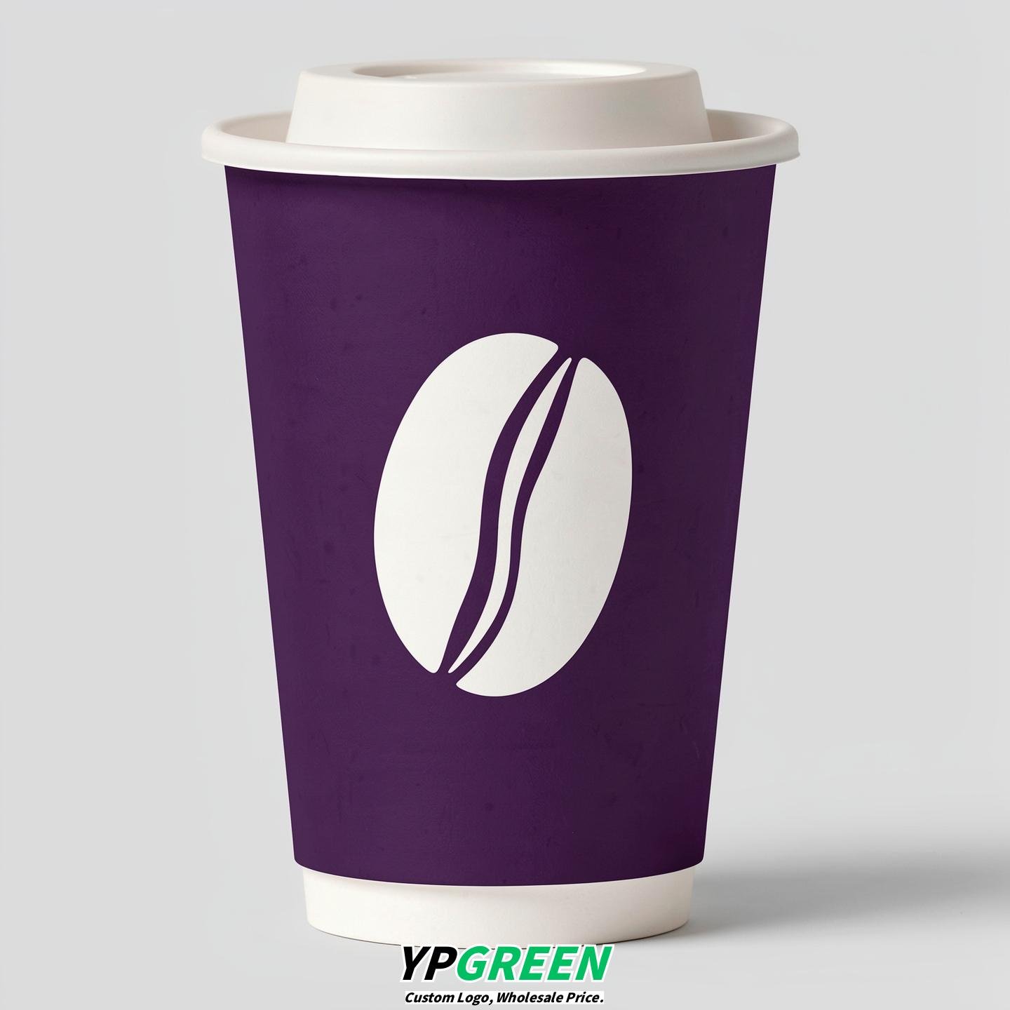 Dark Violet Paper Cups with Coffee Bean Logo & Lids 8-24oz