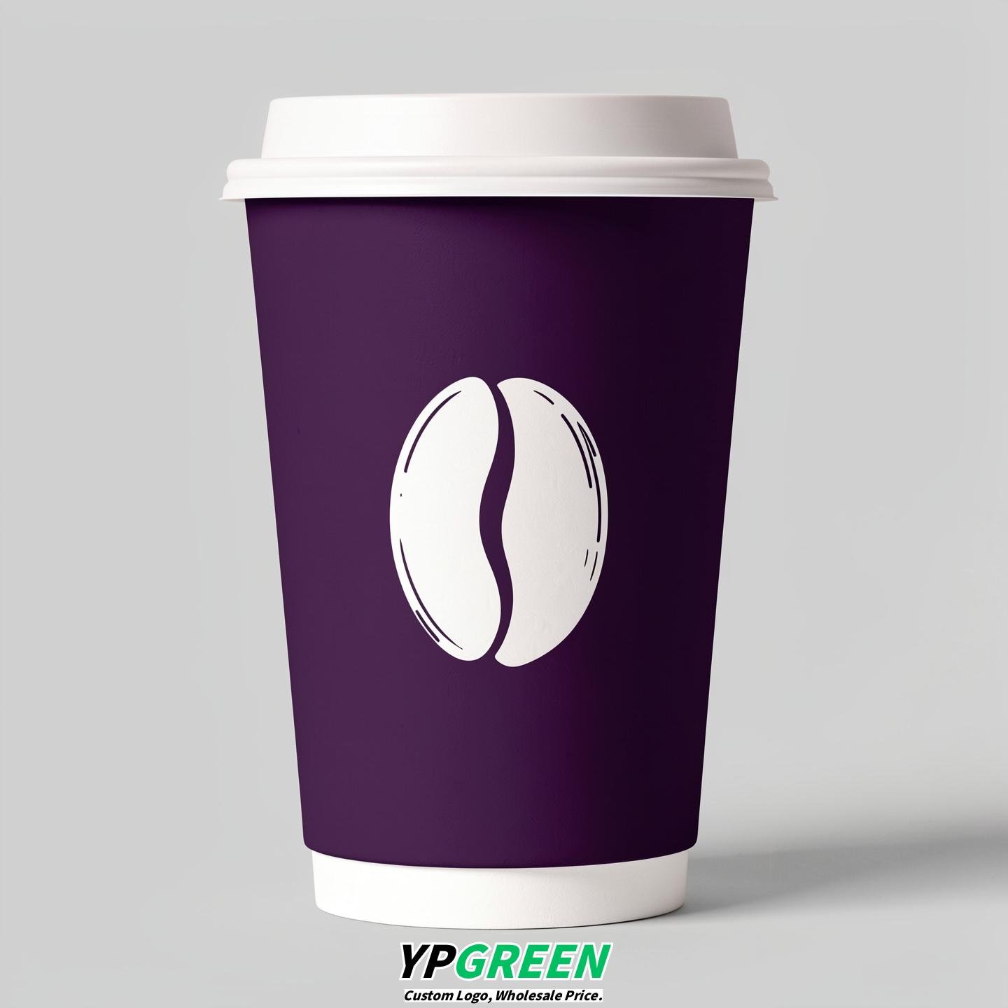 Dark Violet Paper Cups with Coffee Bean Logo & Lids 8-24oz