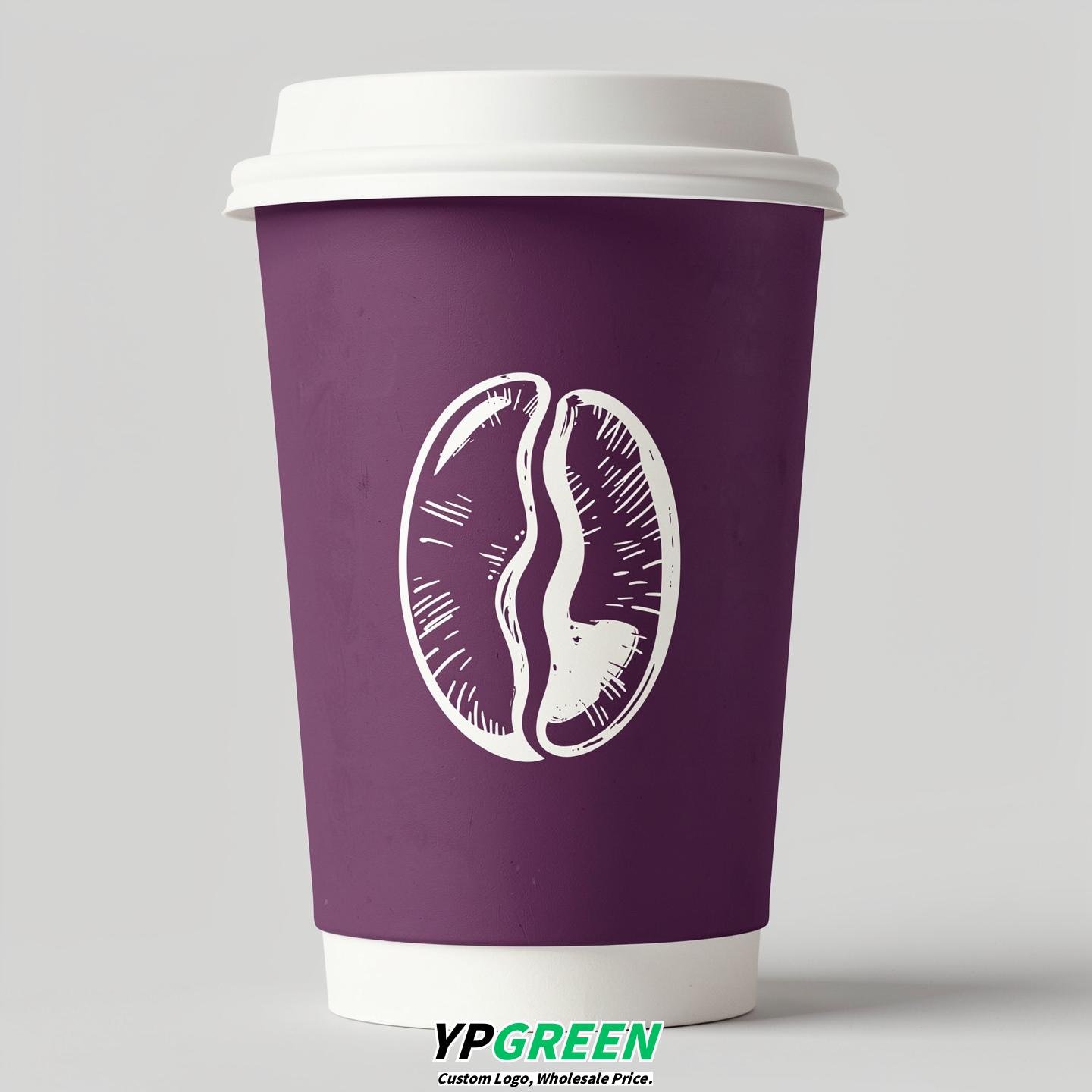 Dark Violet Paper Cups with Coffee Bean Logo & Lids 8-24oz