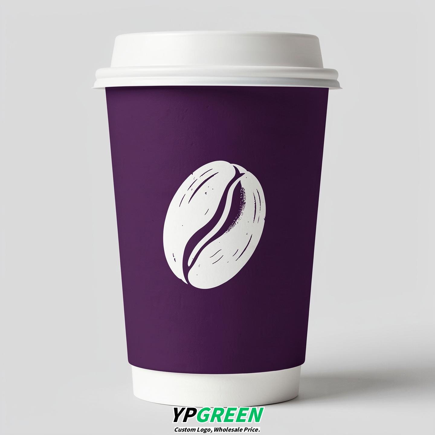 Dark Violet Paper Cups with Coffee Bean Logo & Lids 8-24oz