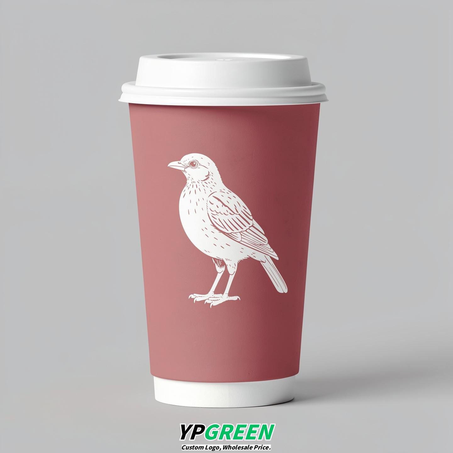Dusty Pink Paper Cups with Bird Logo & Lids 8-24oz