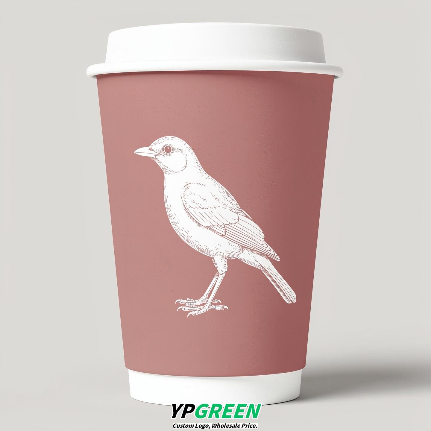 Dusty Pink Paper Cups with Bird Logo & Lids 8-24oz