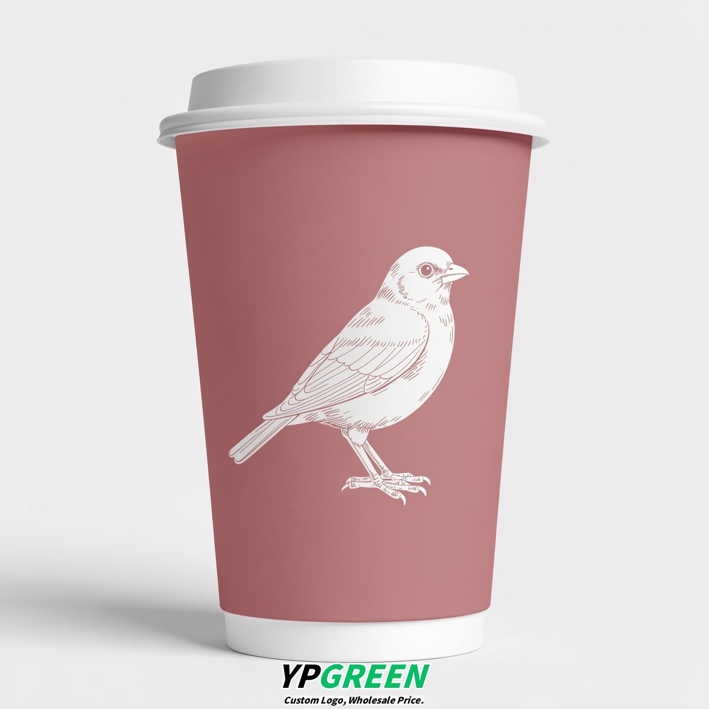 Dusty Pink Paper Cups with Bird Logo & Lids 8-24oz