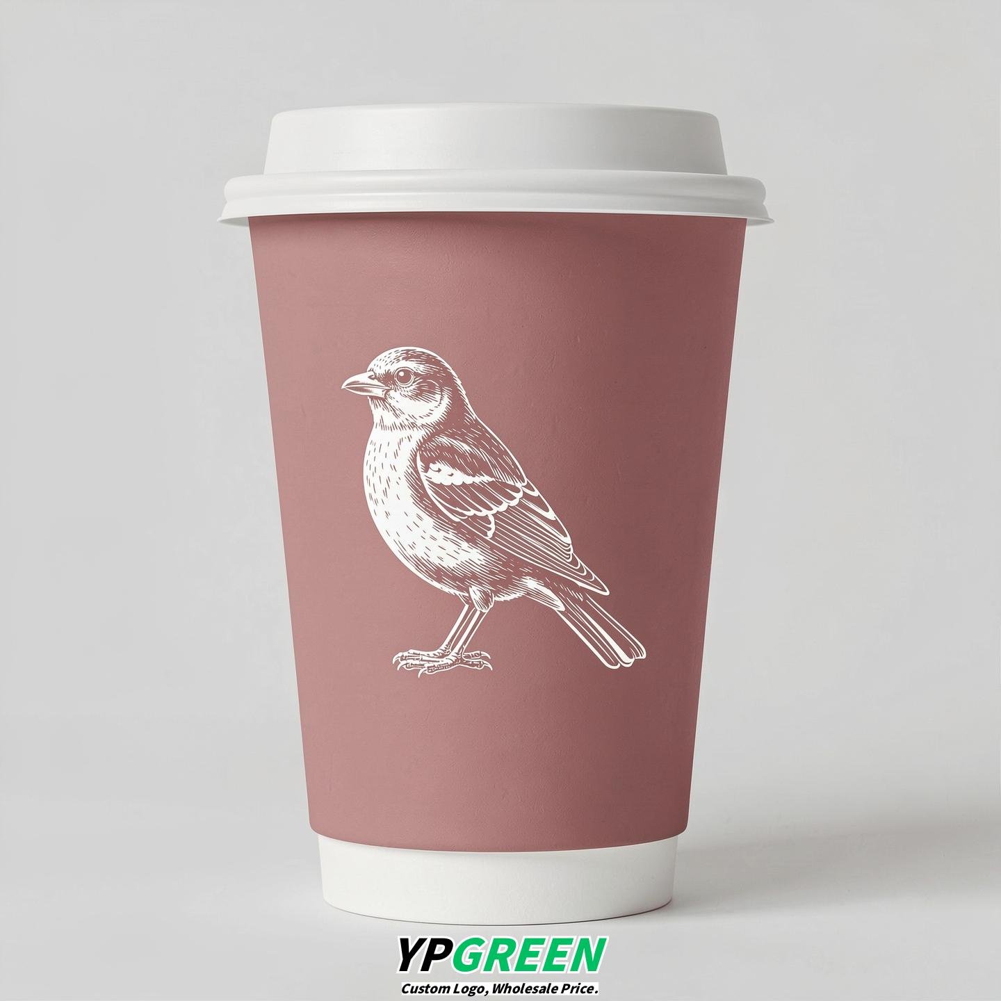 Dusty Pink Paper Cups with Bird Logo & Lids 8-24oz