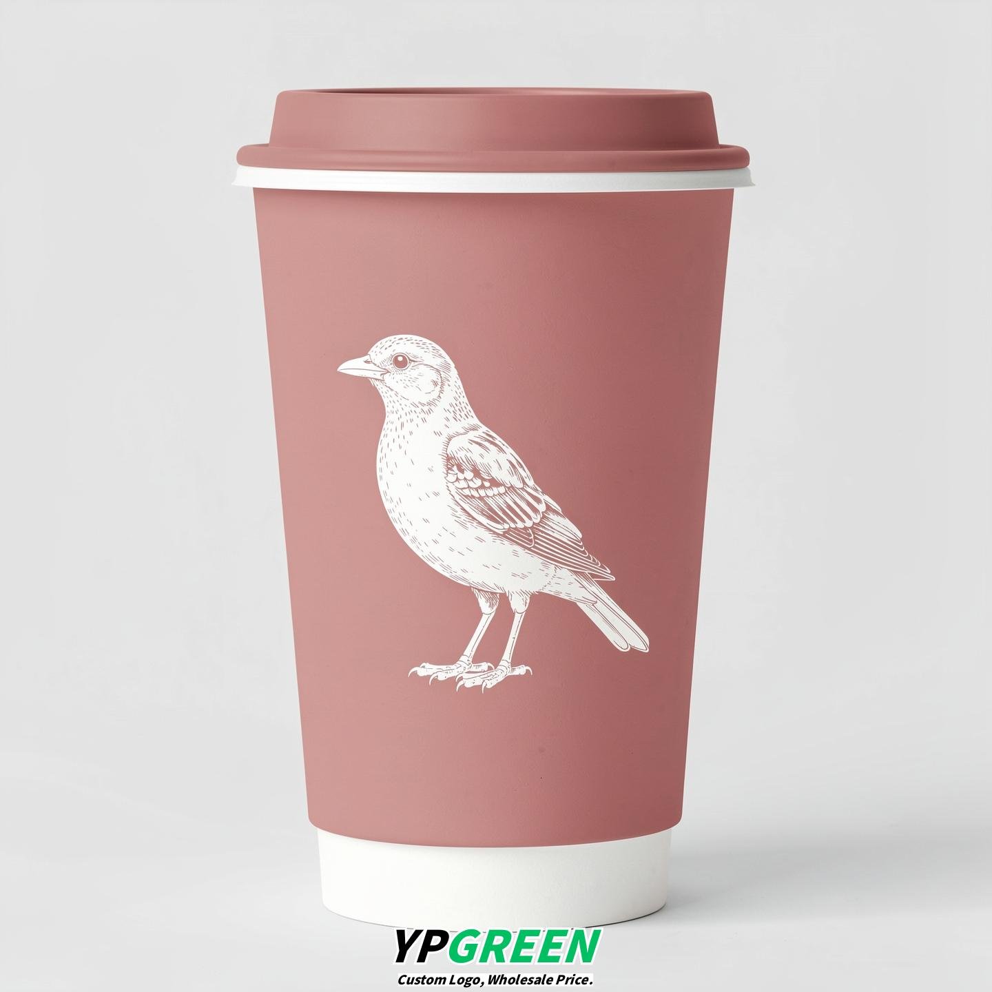Dusty Pink Paper Cups with Bird Logo & Lids 8-24oz