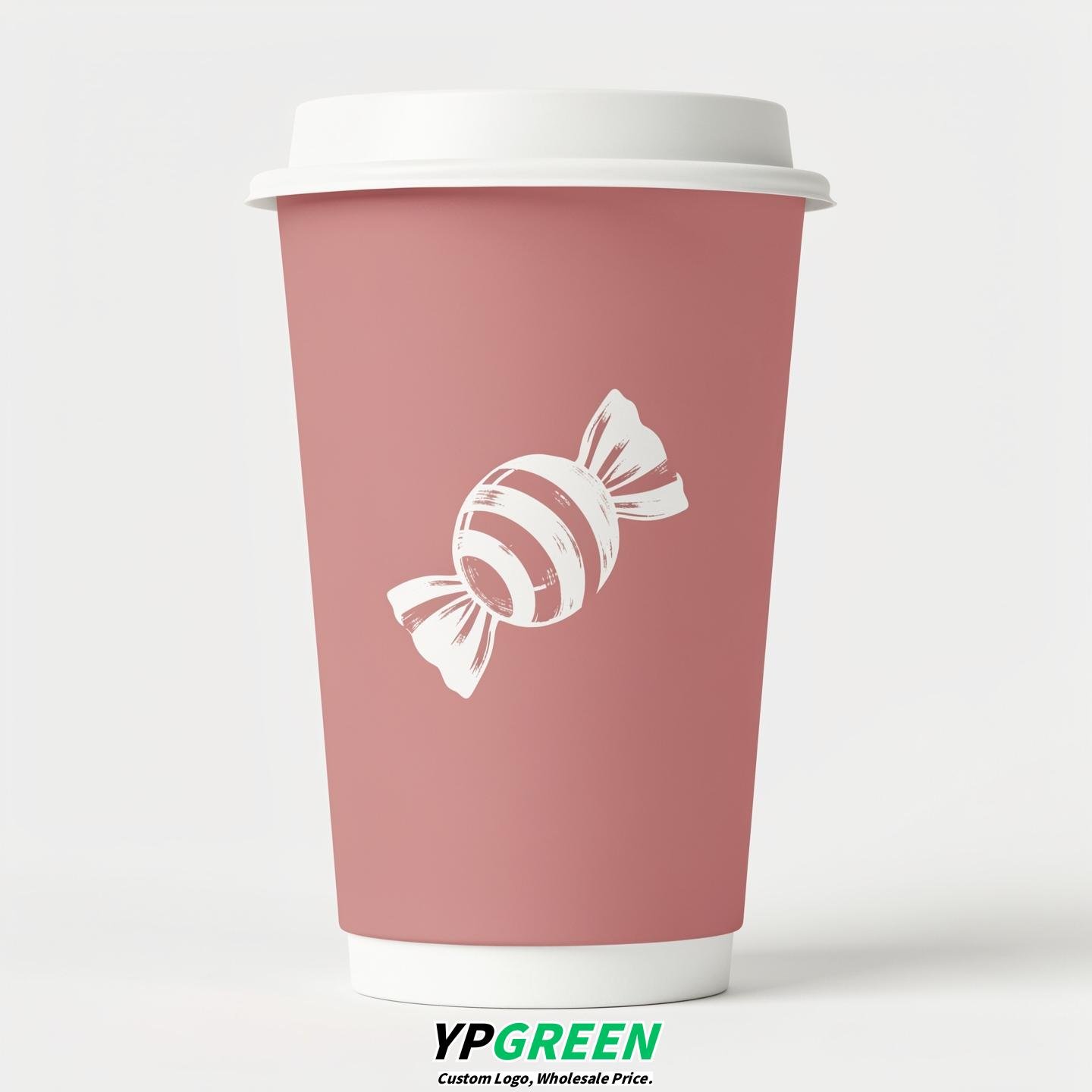 Dusty Pink Paper Cups with Candy Logo & Lids 8-24oz