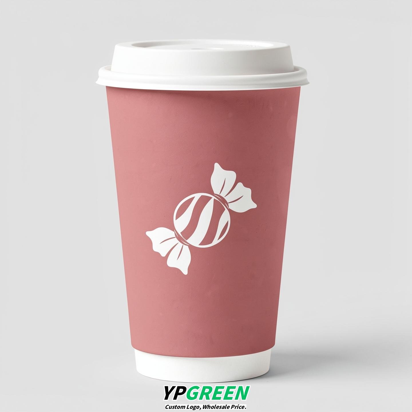 Dusty Pink Paper Cups with Candy Logo & Lids 8-24oz