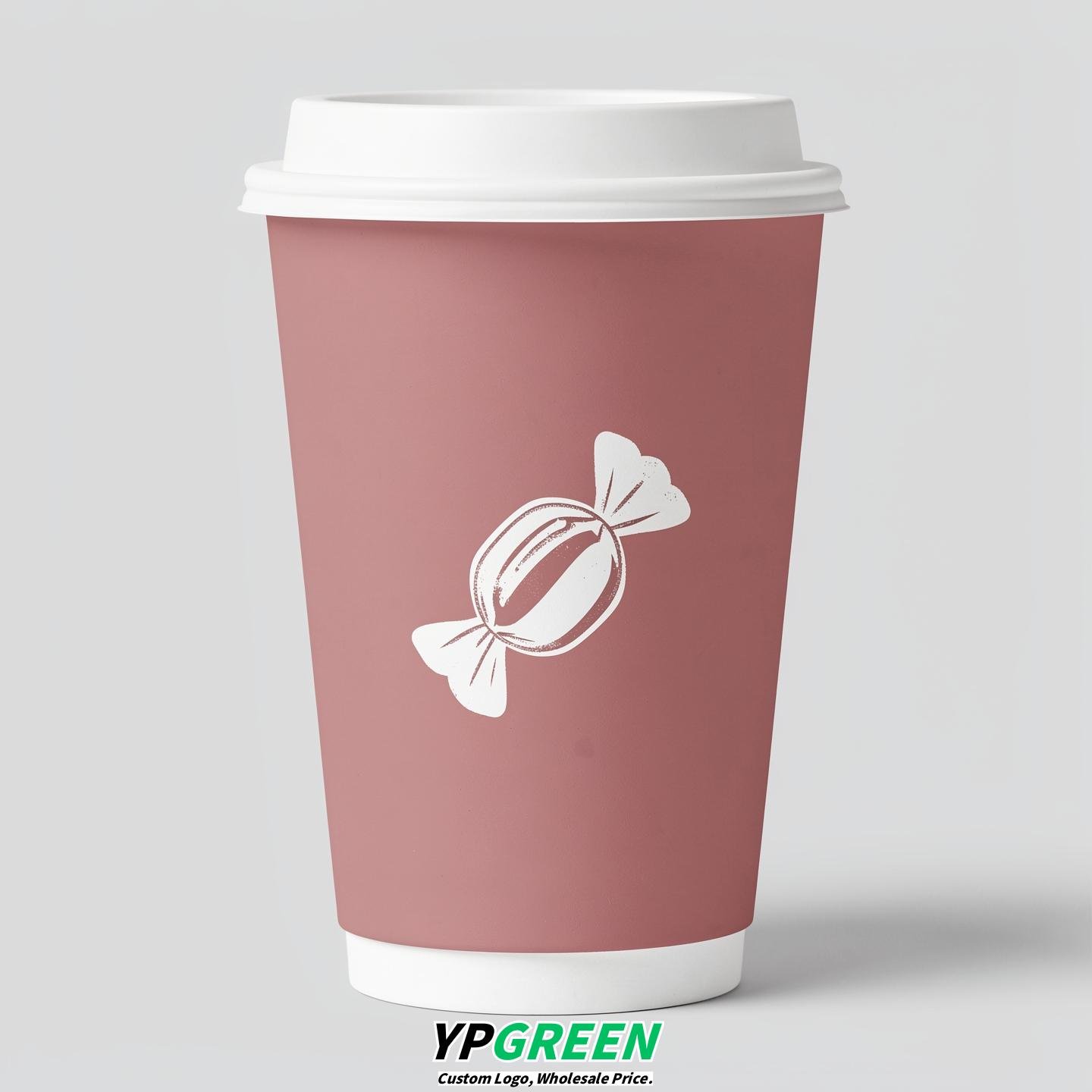 Dusty Pink Paper Cups with Candy Logo & Lids 8-24oz