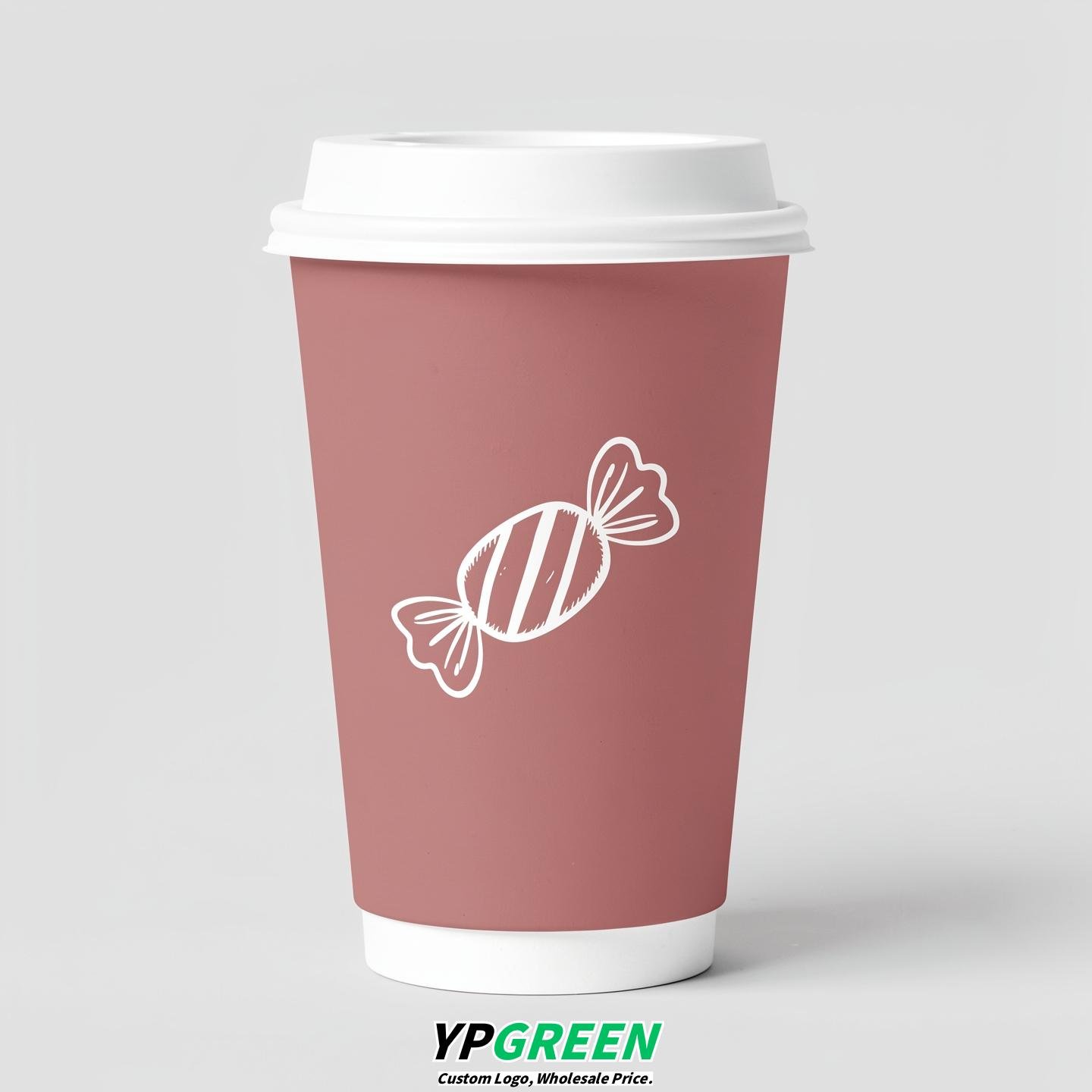 Dusty Pink Paper Cups with Candy Logo & Lids 8-24oz