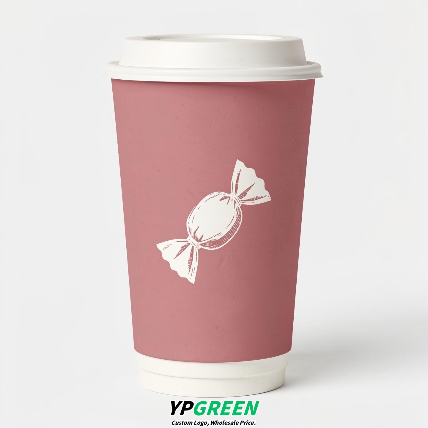 Dusty Pink Paper Cups with Candy Logo & Lids 8-24oz