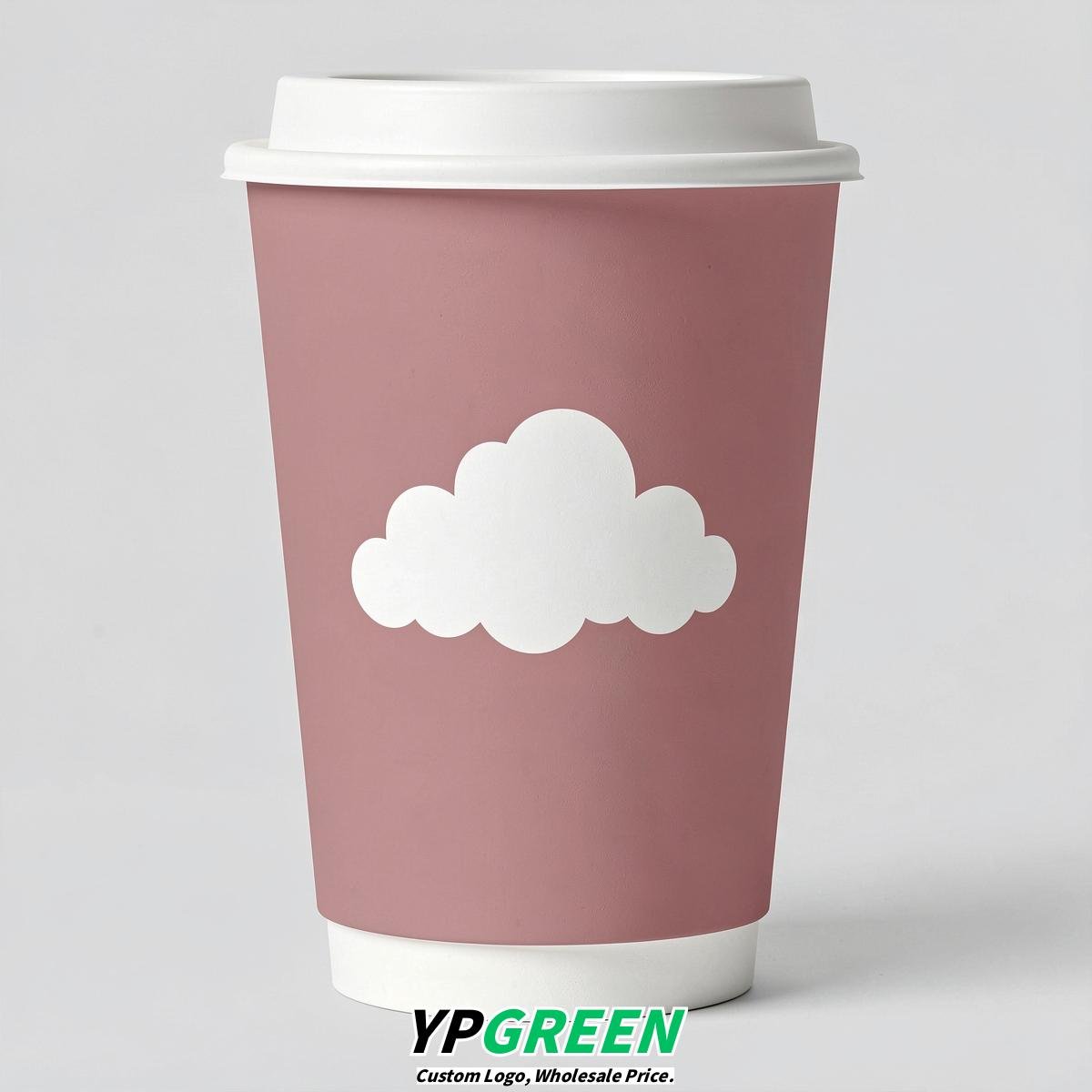 Dusty Pink Paper Cups with Clouds Logo & Lids 8-24oz