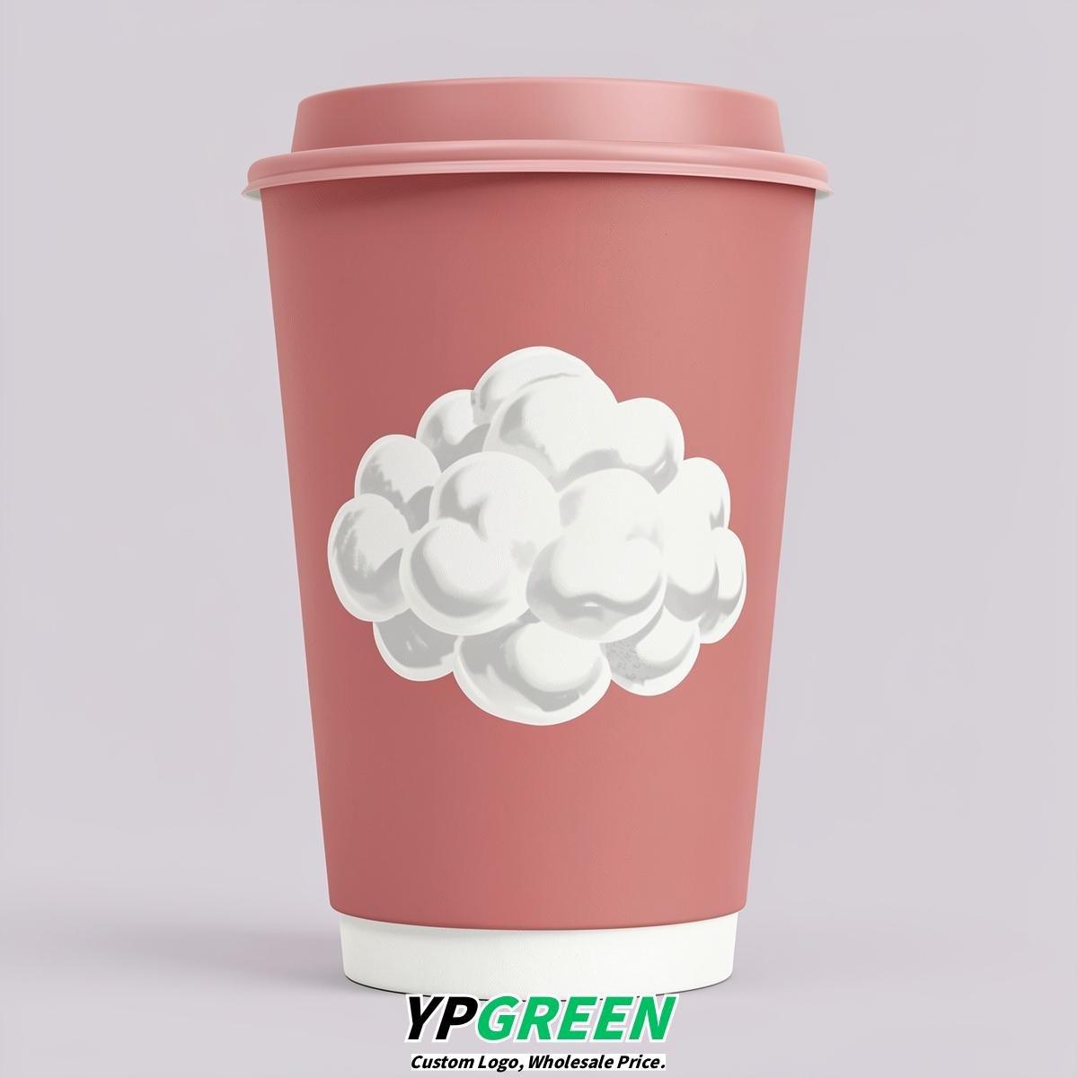 Dusty Pink Paper Cups with Clouds Logo & Lids 8-24oz