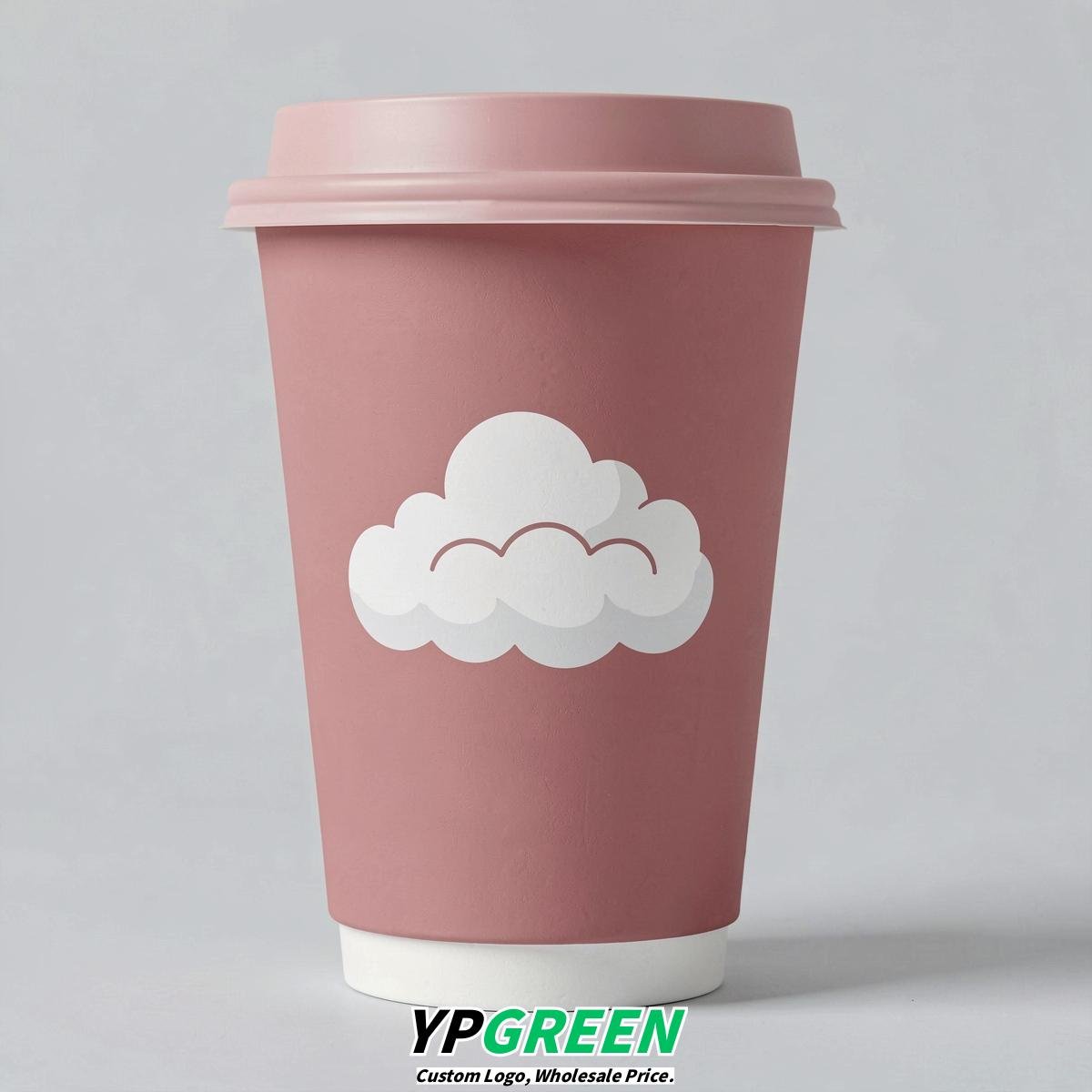 Dusty Pink Paper Cups with Clouds Logo & Lids 8-24oz