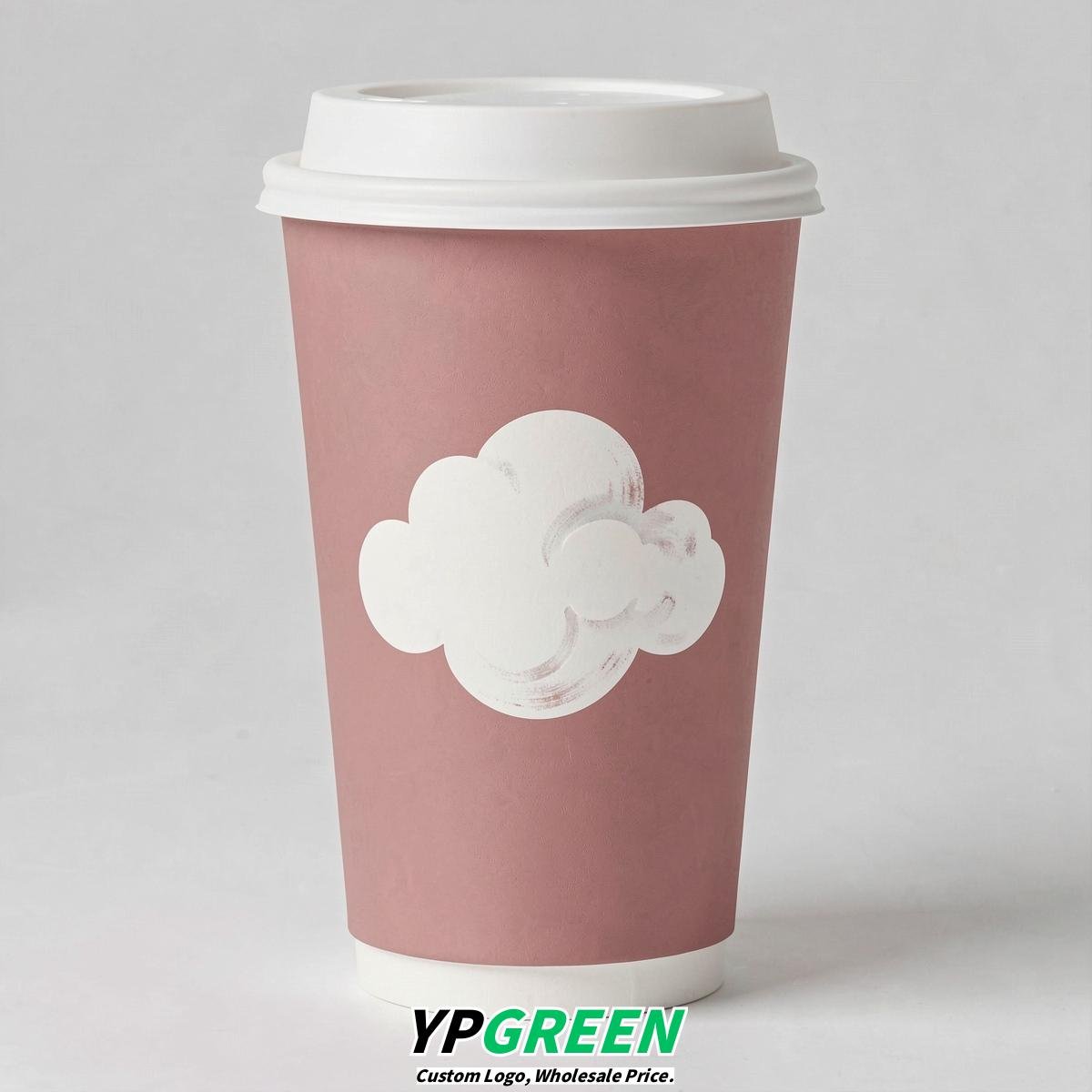 Dusty Pink Paper Cups with Clouds Logo & Lids 8-24oz