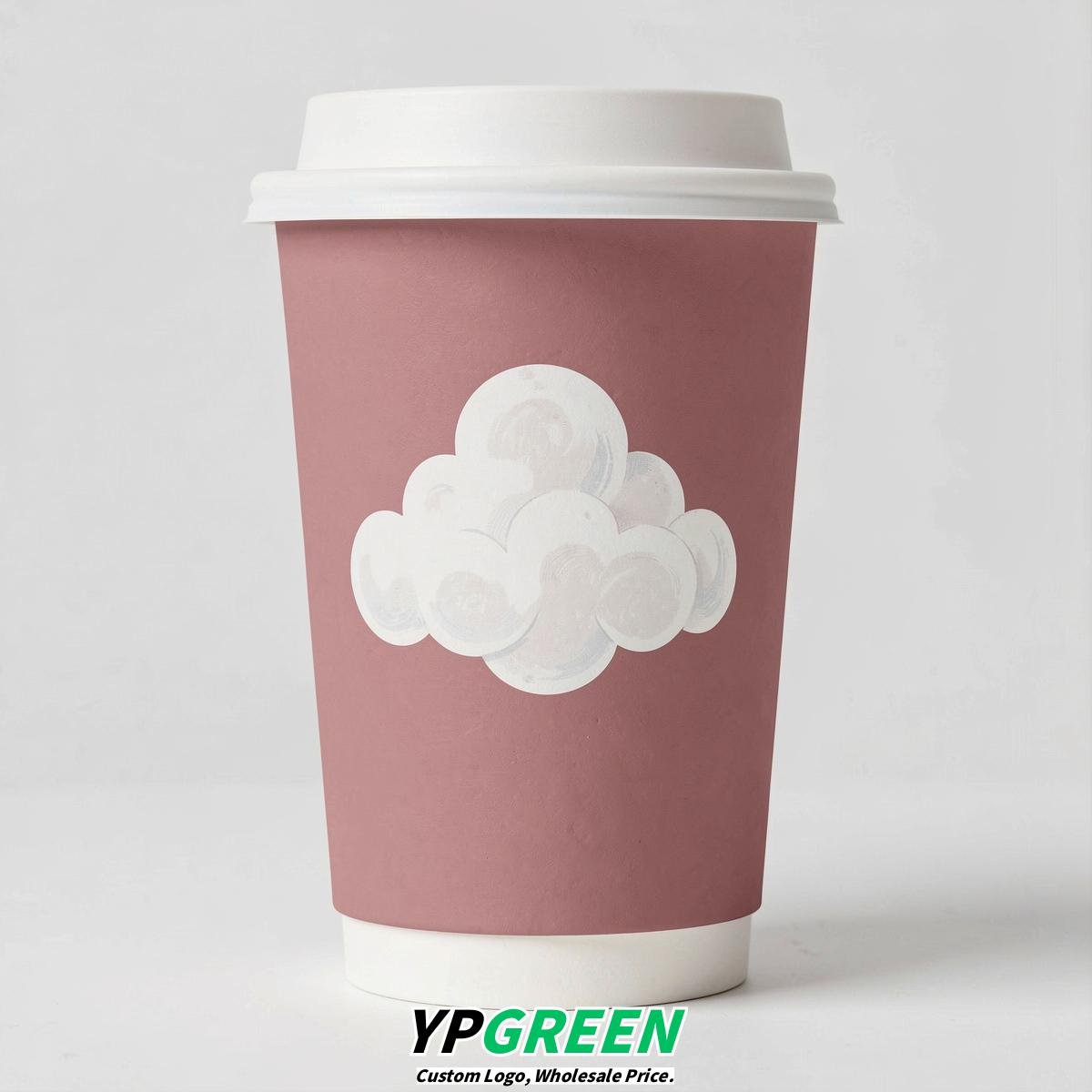 Dusty Pink Paper Cups with Clouds Logo & Lids 8-24oz