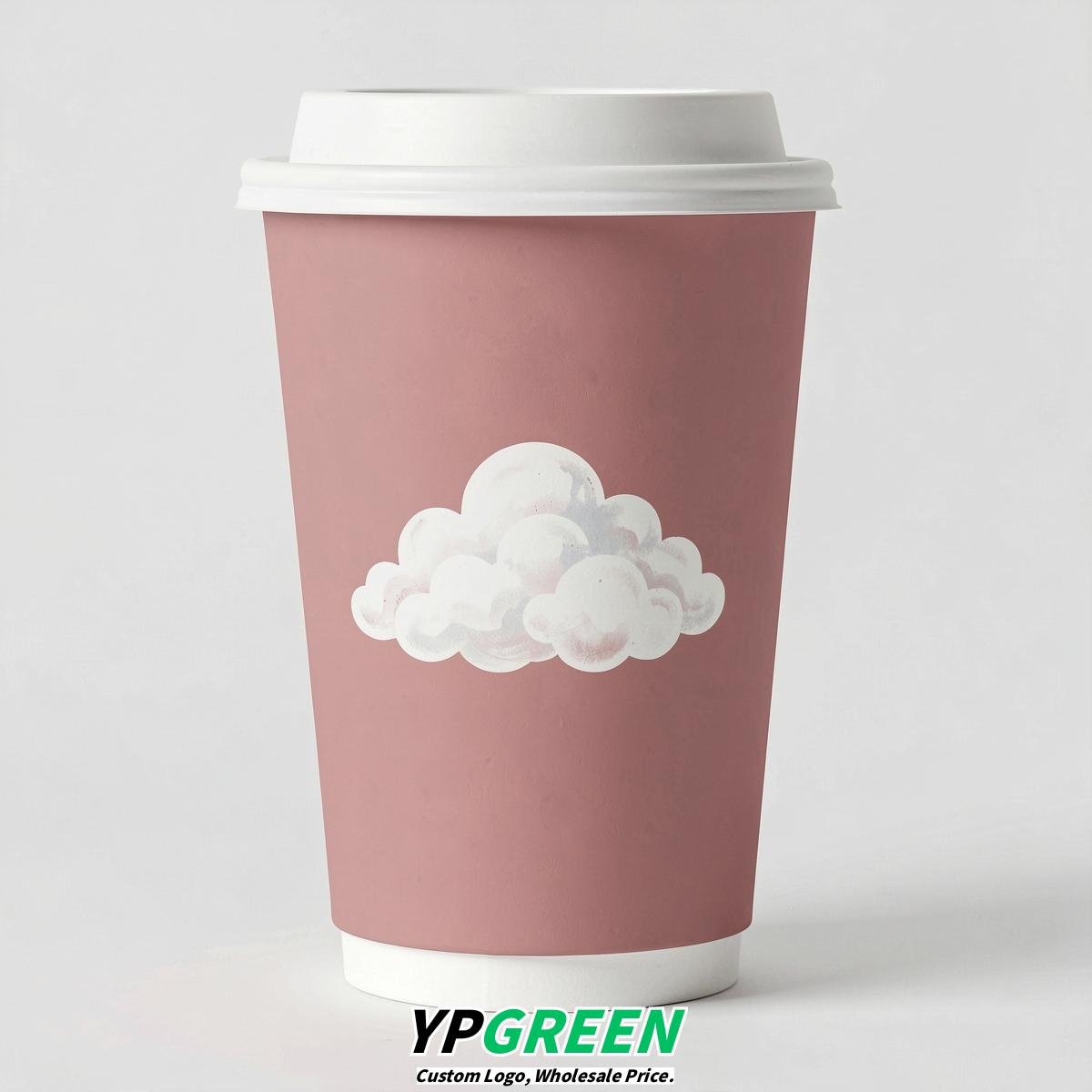 Dusty Pink Paper Cups with Clouds Logo & Lids 8-24oz