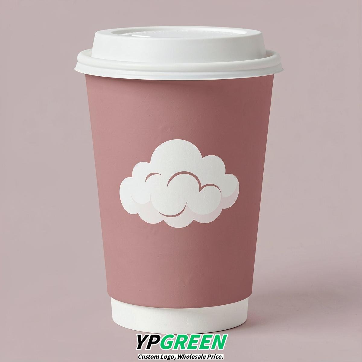 Dusty Pink Paper Cups with Clouds Logo & Lids 8-24oz
