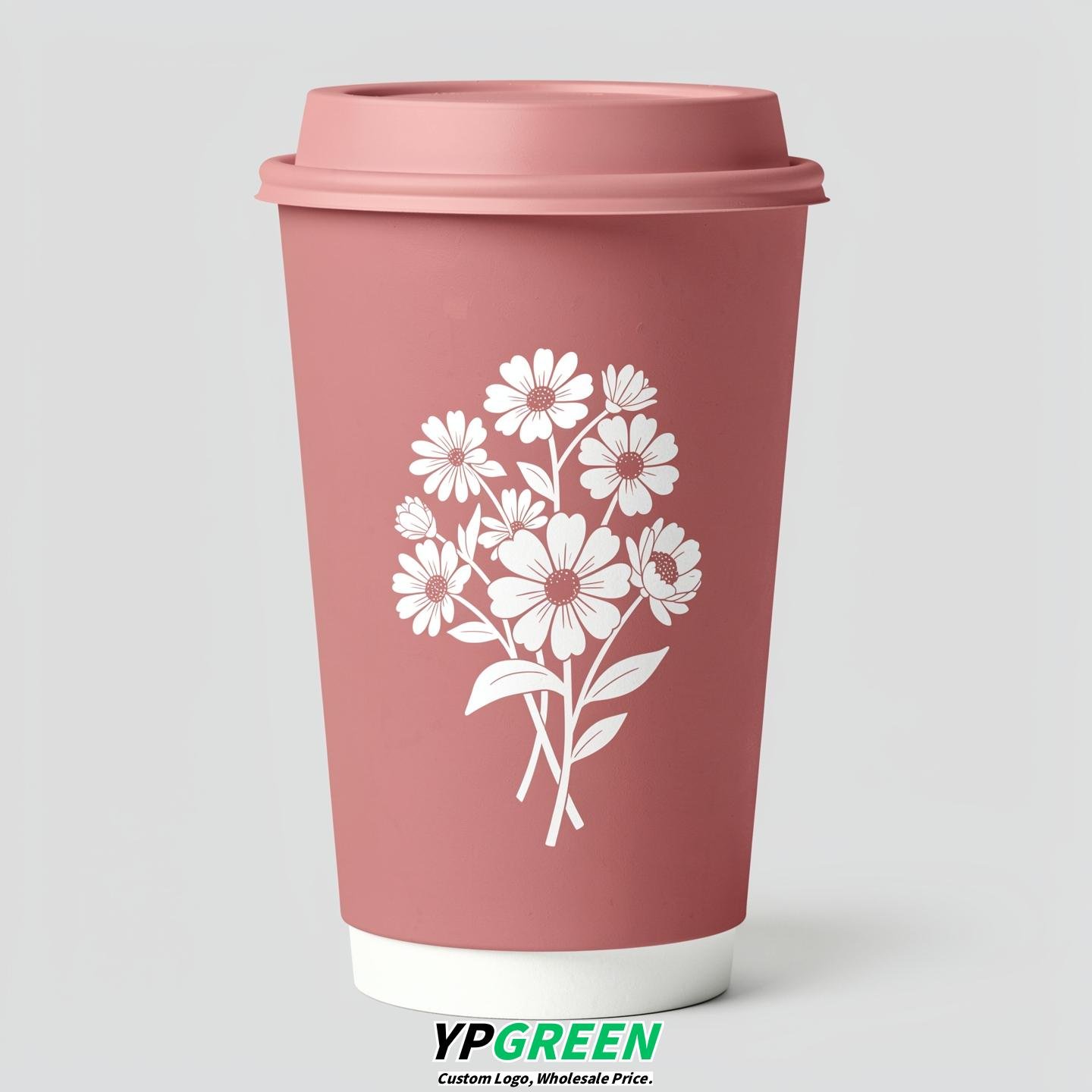 Dusty Pink Floral Paper Cups with Lids 8-24oz