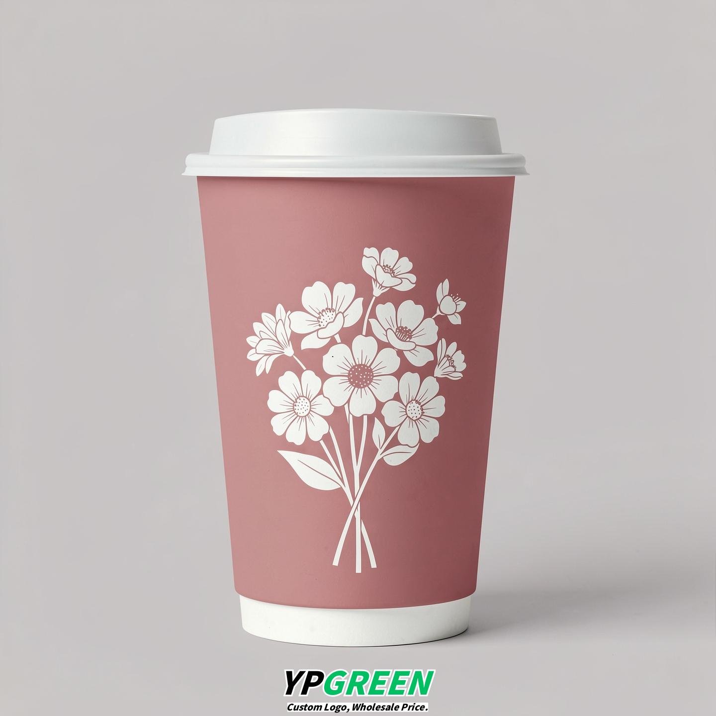 Dusty Pink Floral Paper Cups with Lids 8-24oz