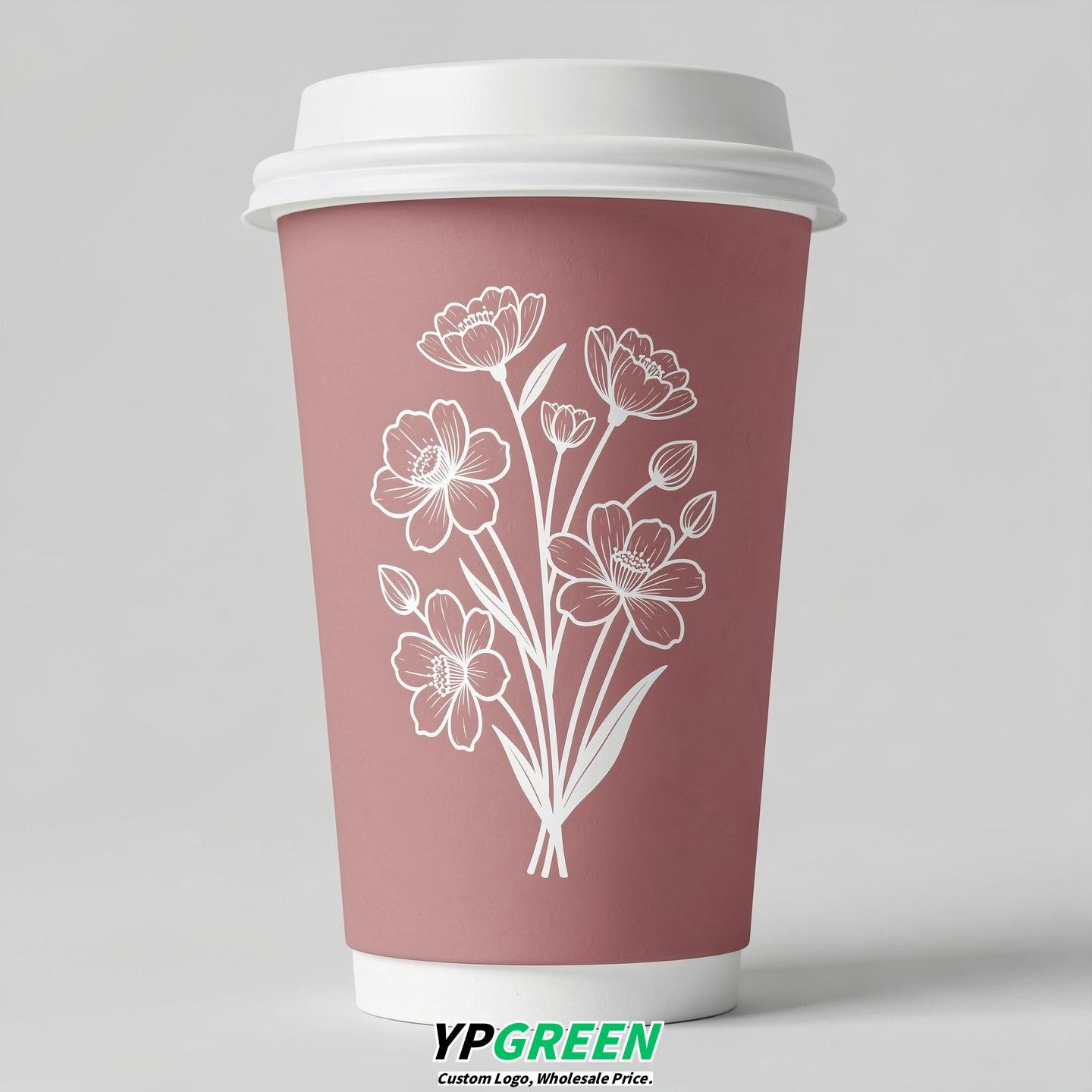 Dusty Pink Floral Paper Cups with Lids 8-24oz