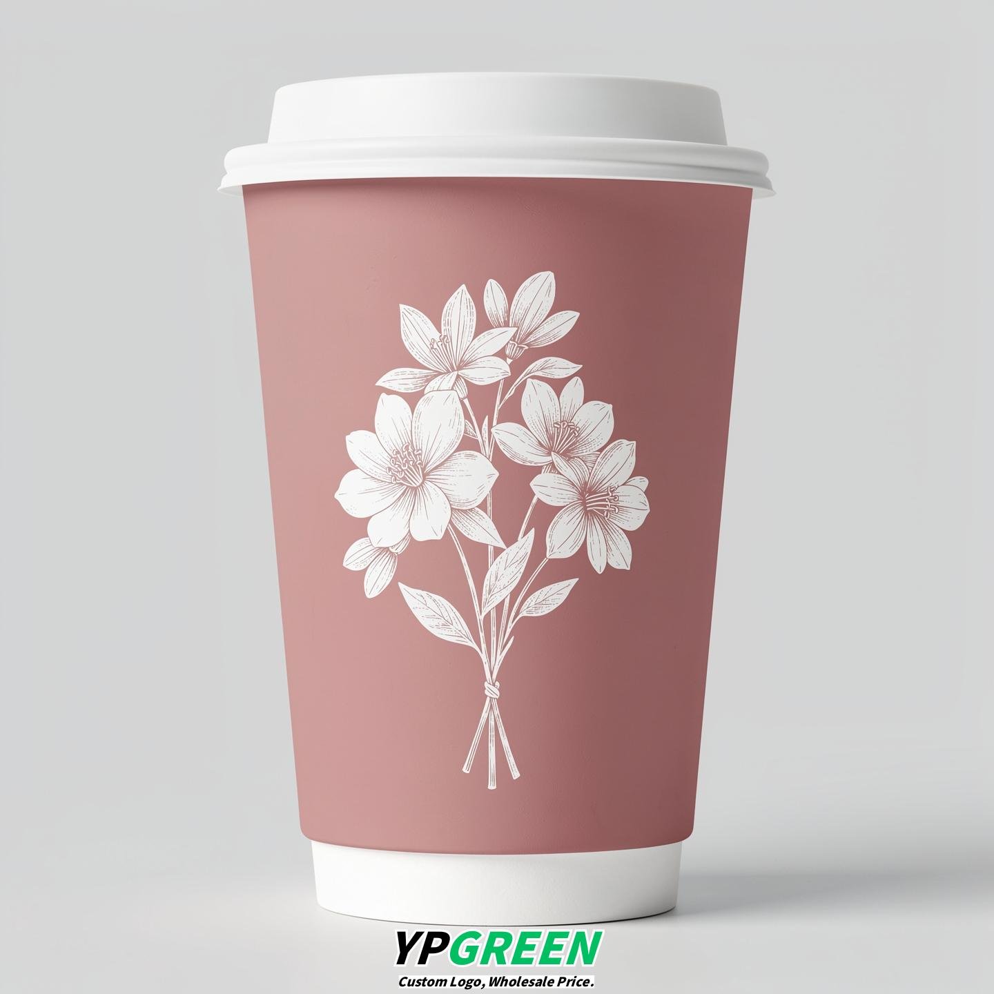 Dusty Pink Floral Paper Cups with Lids 8-24oz