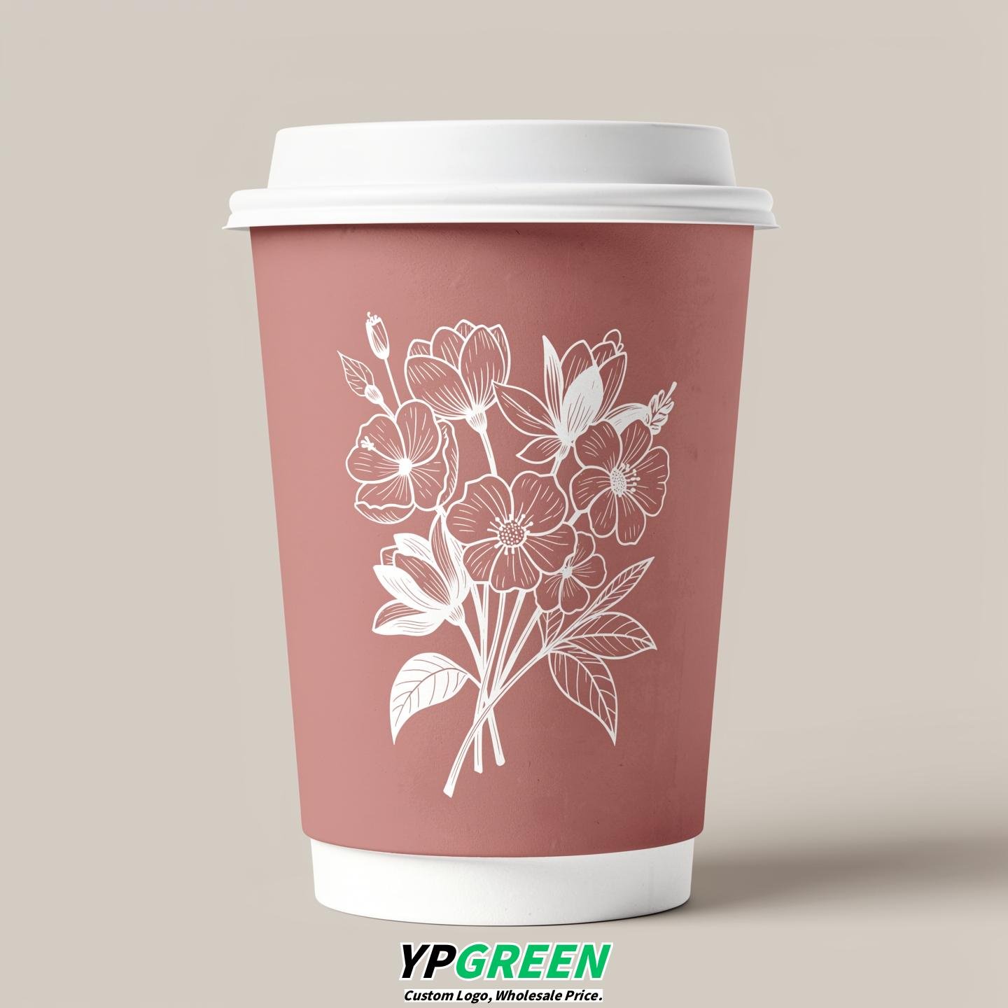 Dusty Pink Floral Paper Cups with Lids 8-24oz