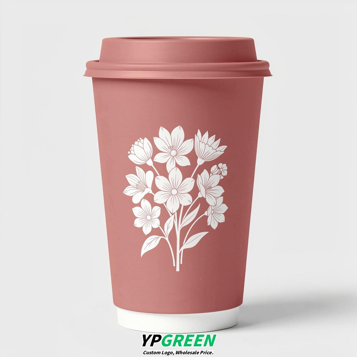 Dusty Pink Floral Paper Cups with Lids 8-24oz