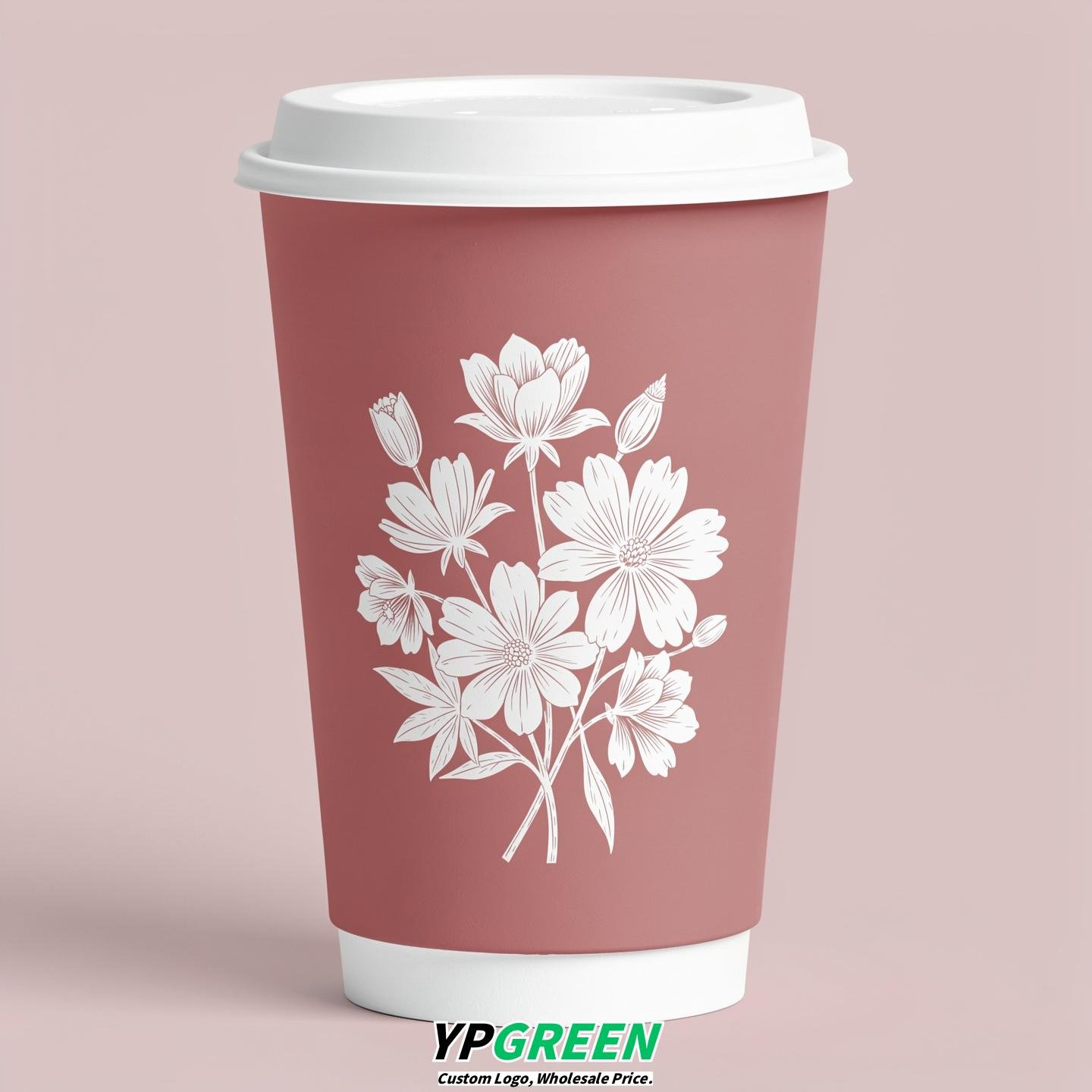 Dusty Pink Floral Paper Cups with Lids 8-24oz