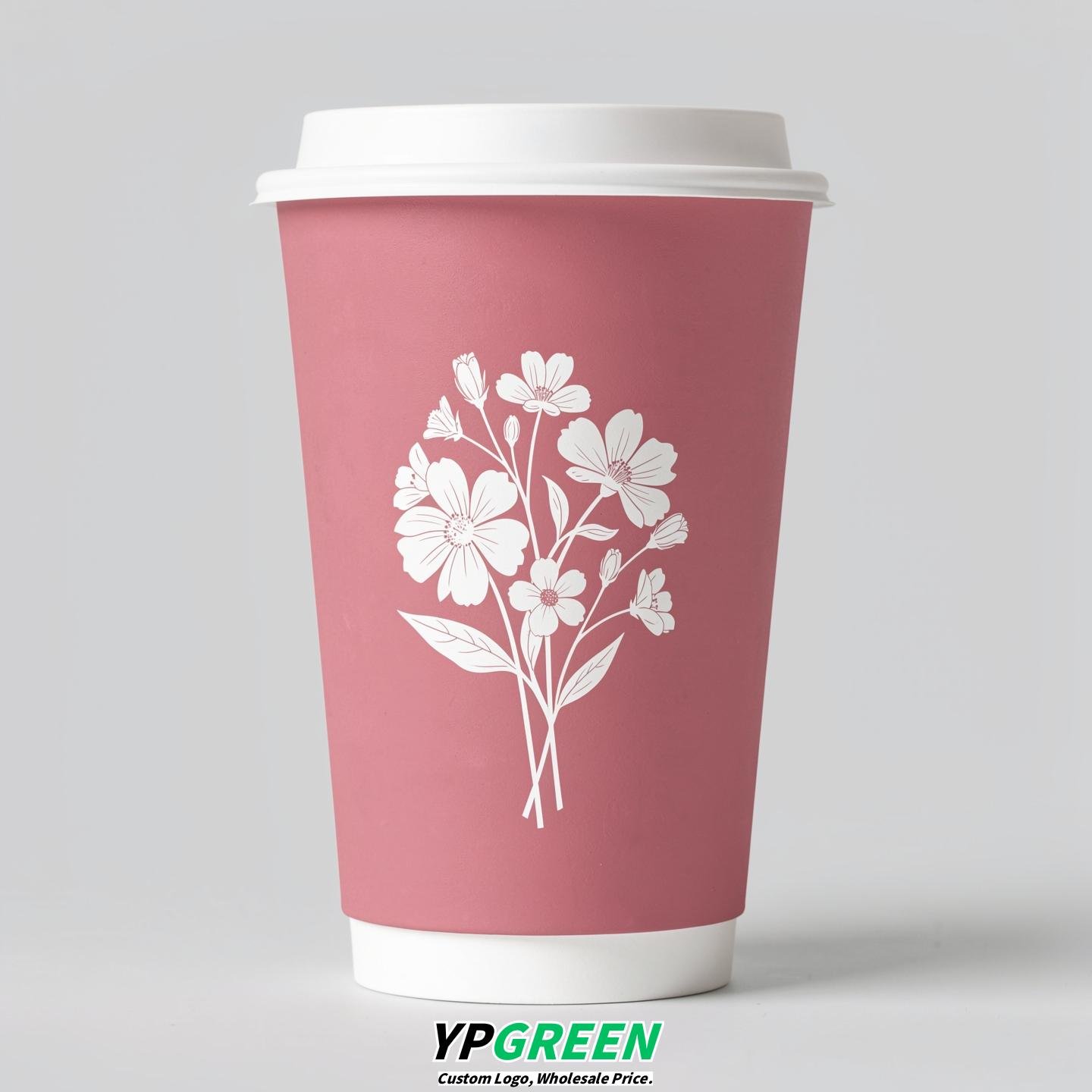 Dusty Pink Floral Paper Cups with Lids 8-24oz