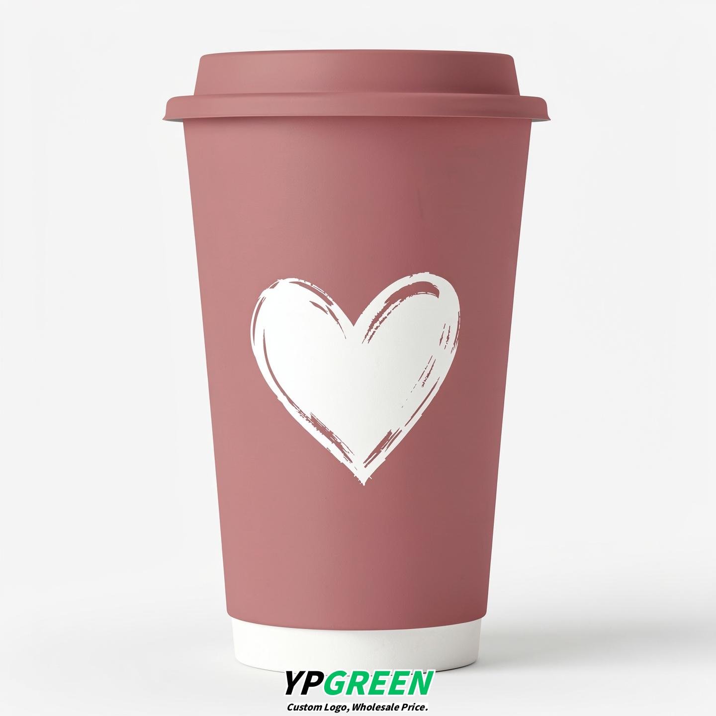 Dusty Pink Heart Paper Cups with Lids 8-24oz