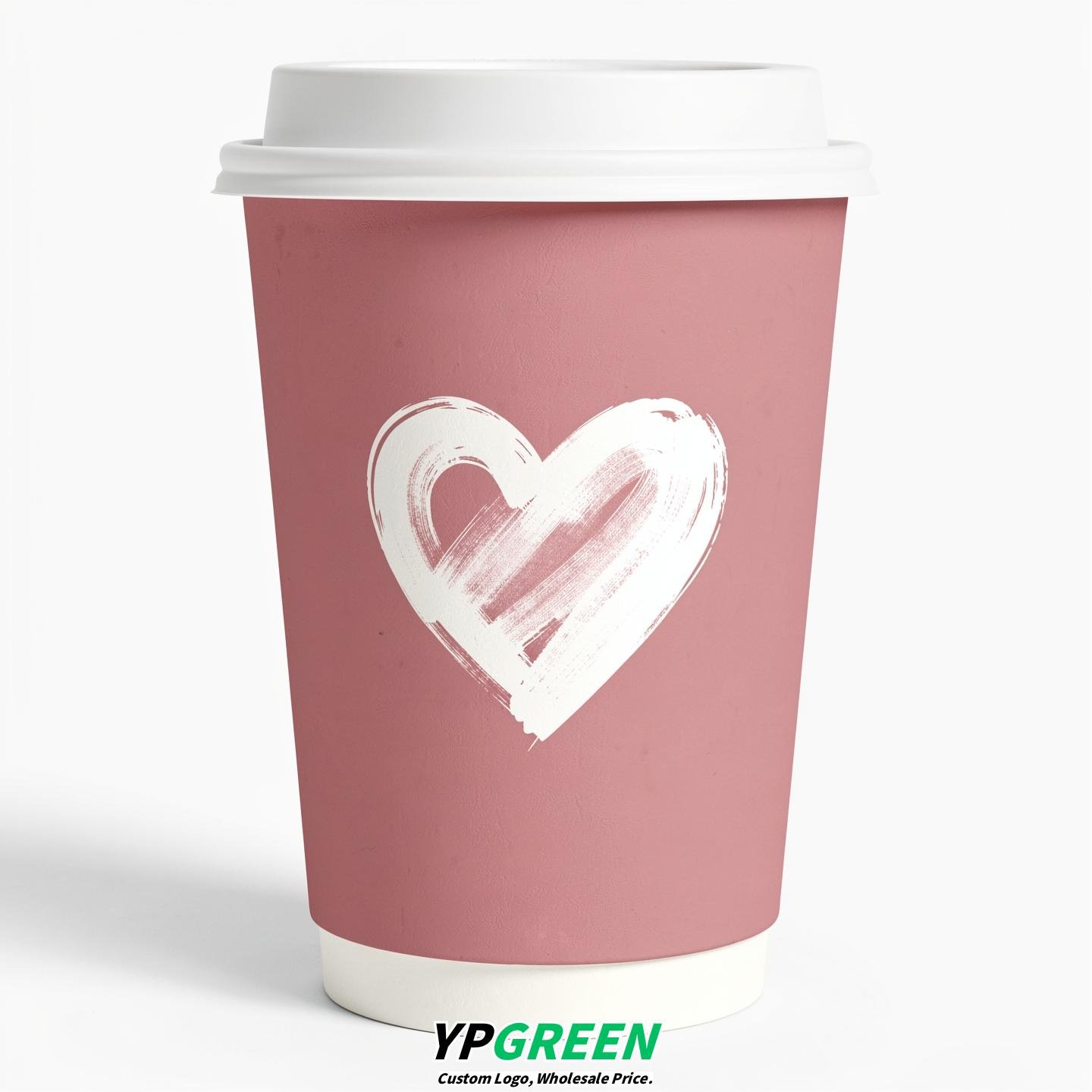 Dusty Pink Heart Paper Cups with Lids 8-24oz