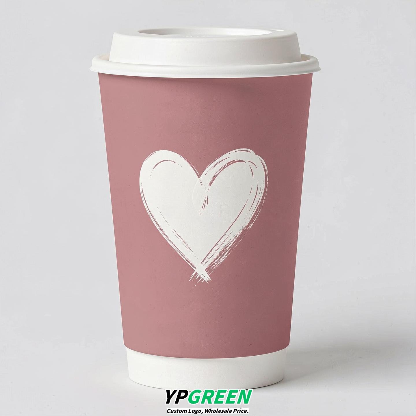 Dusty Pink Heart Paper Cups with Lids 8-24oz