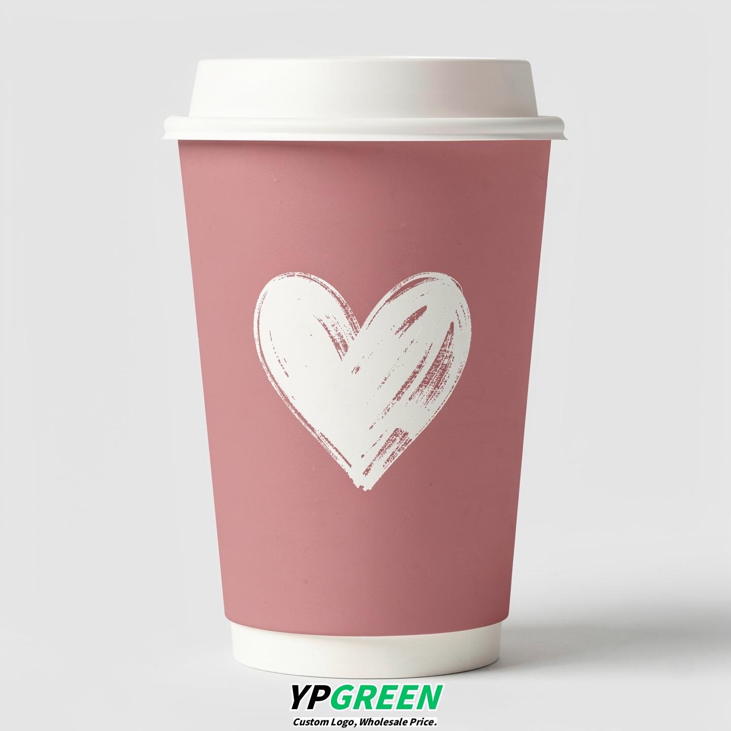 Dusty Pink Heart Paper Cups with Lids 8-24oz