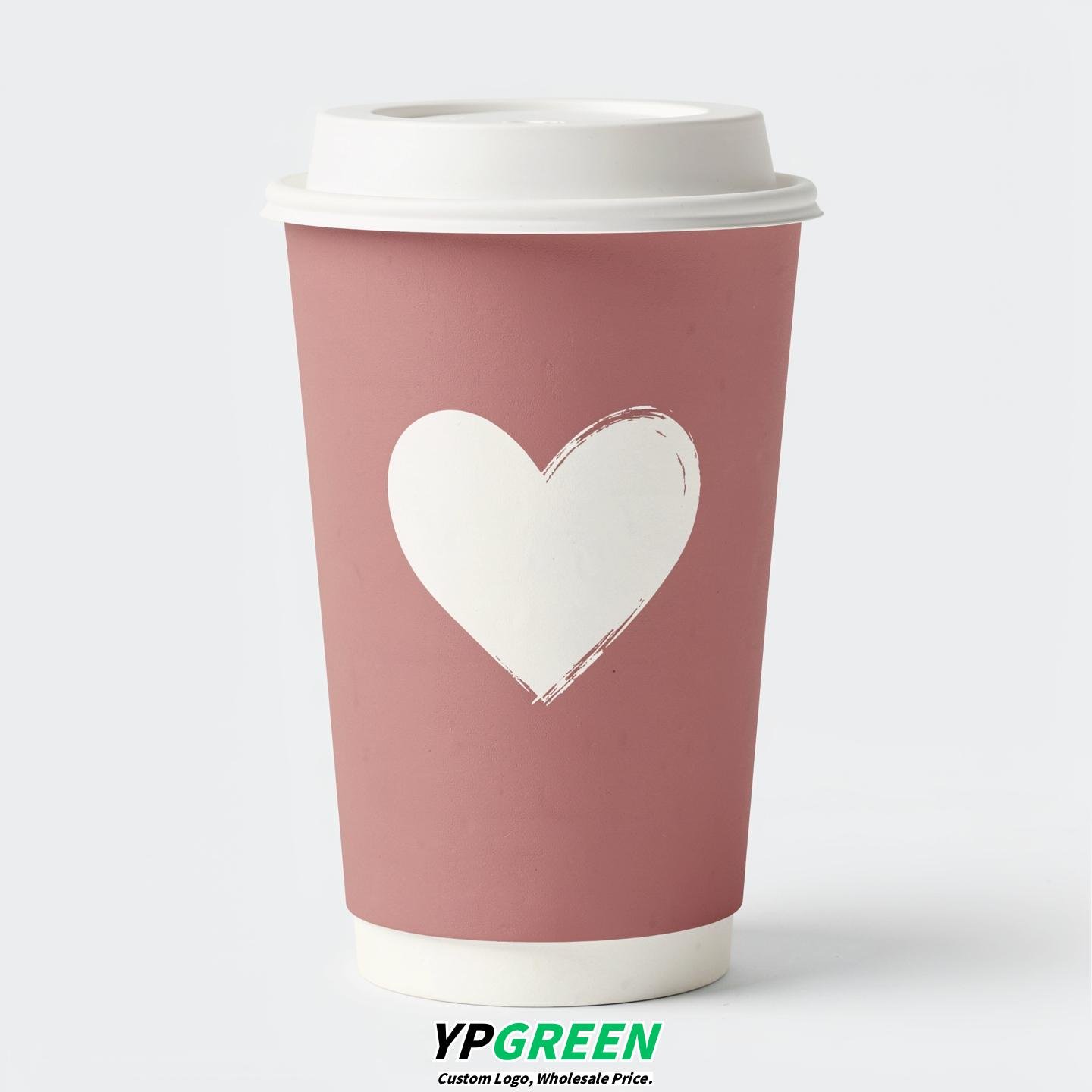 Dusty Pink Heart Paper Cups with Lids 8-24oz