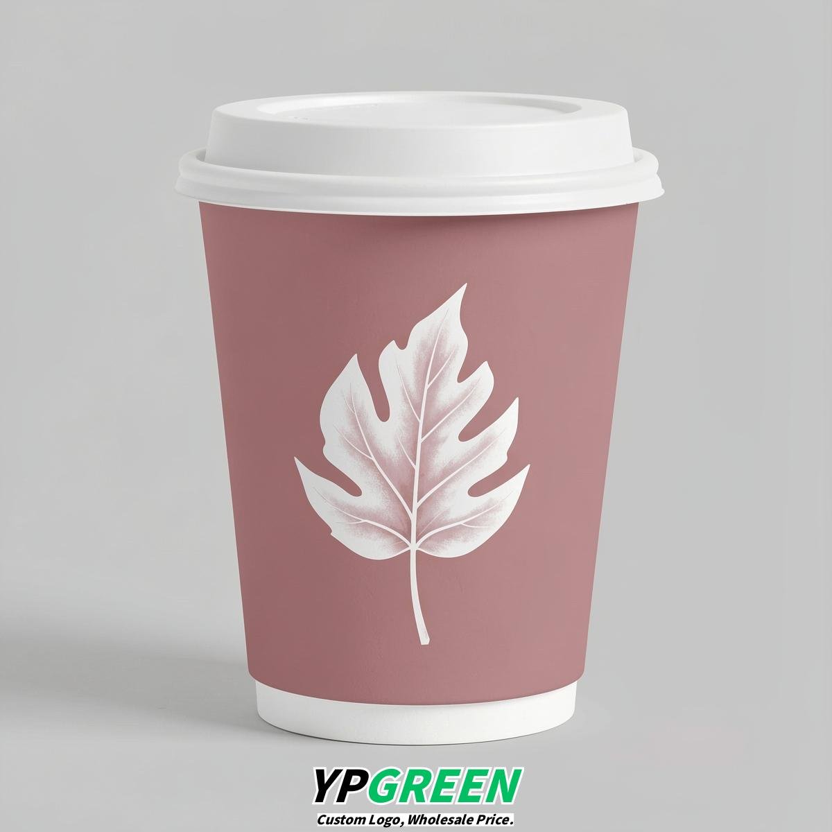 Dusty Pink Leaves Paper Cups with Lids 8-24oz