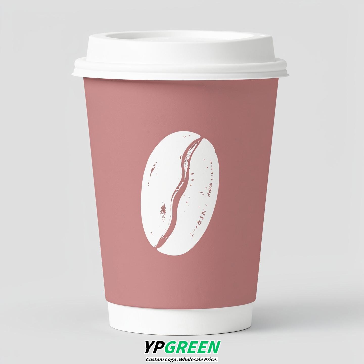 Dusty Pink Paper Cups with Coffee Bean Logo & Lids 8-24oz