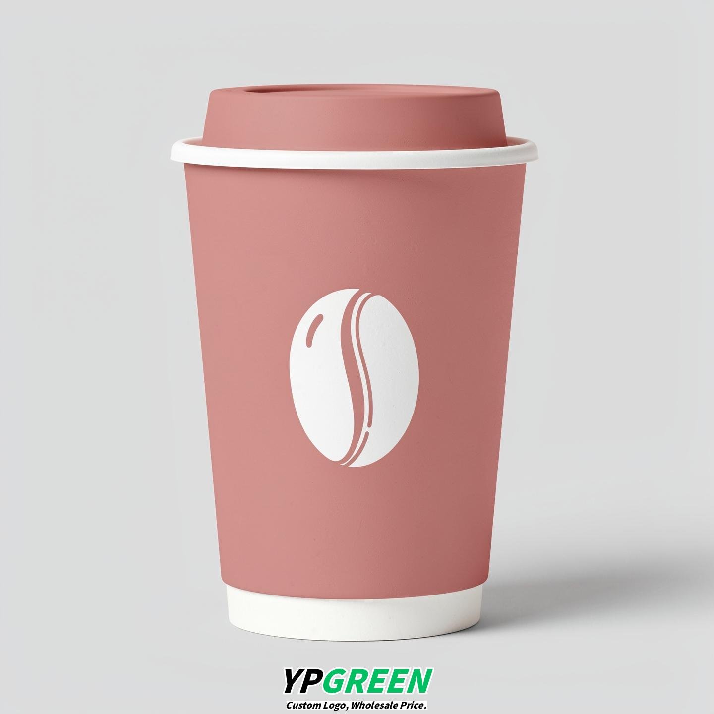 Dusty Pink Paper Cups with Coffee Bean Logo & Lids 8-24oz