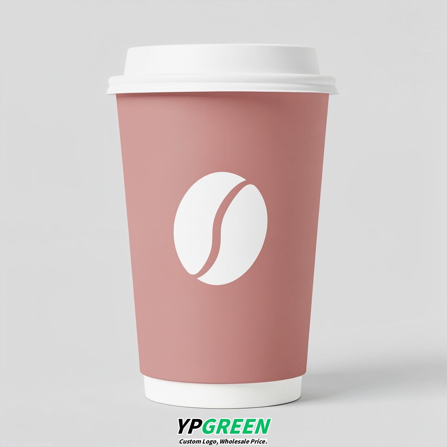 Dusty Pink Paper Cups with Coffee Bean Logo & Lids 8-24oz